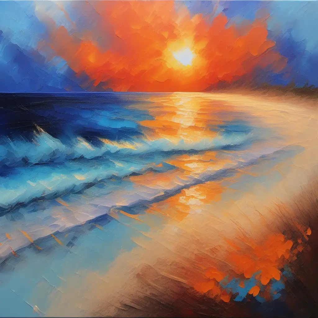 Romantic interpretation of a beach landscape, sunset with vibrant colors of orange and blue , oil painting , distinct brushstrokes, textured, atmospheric, layered 