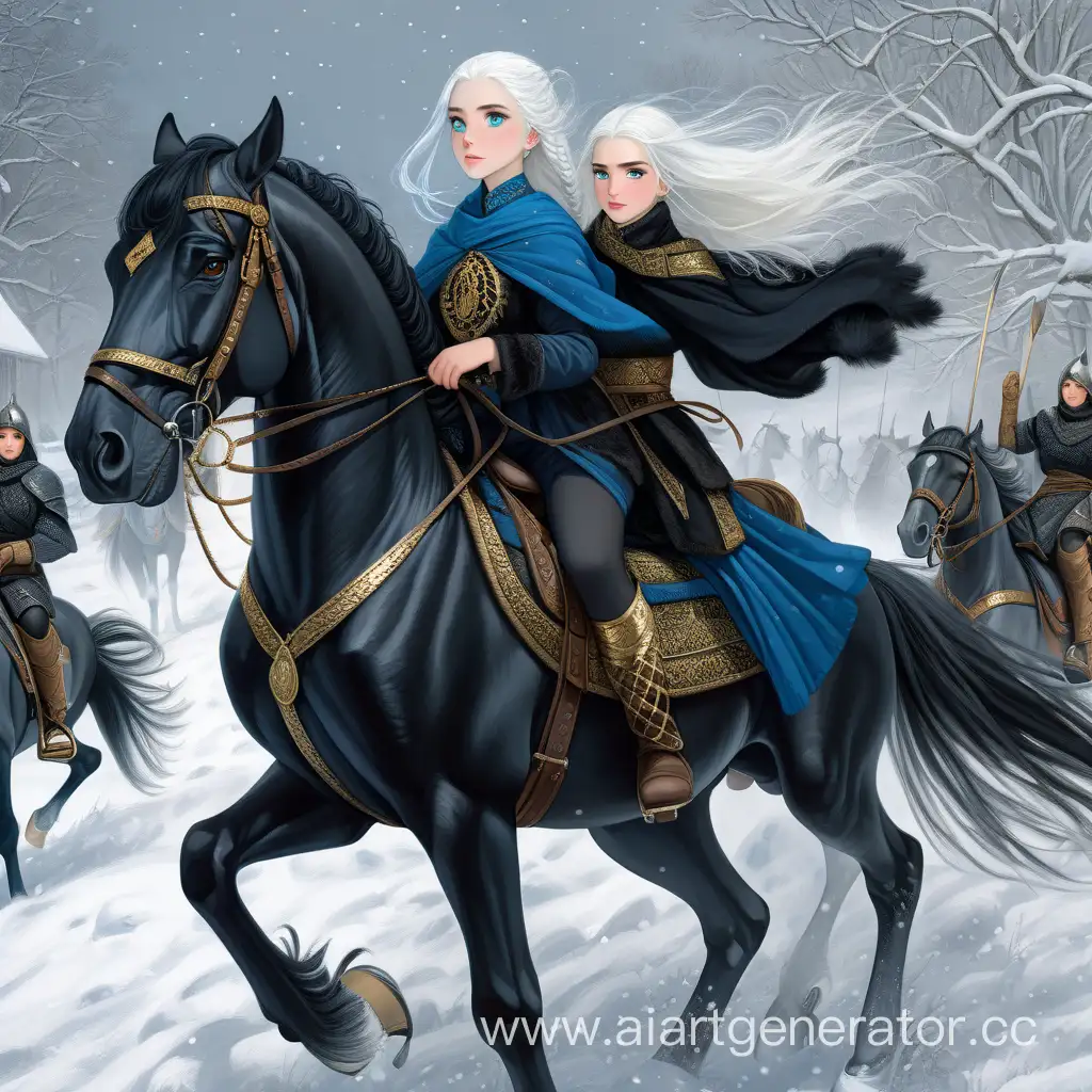Девушка с белыми волосами, ярко голубыми глазами, одета в тёплую традиционную европейскую одежду, верхом на черном вороном коне с золотой уздечкой, в окружении своих воинов, на фоне сильный снегопад