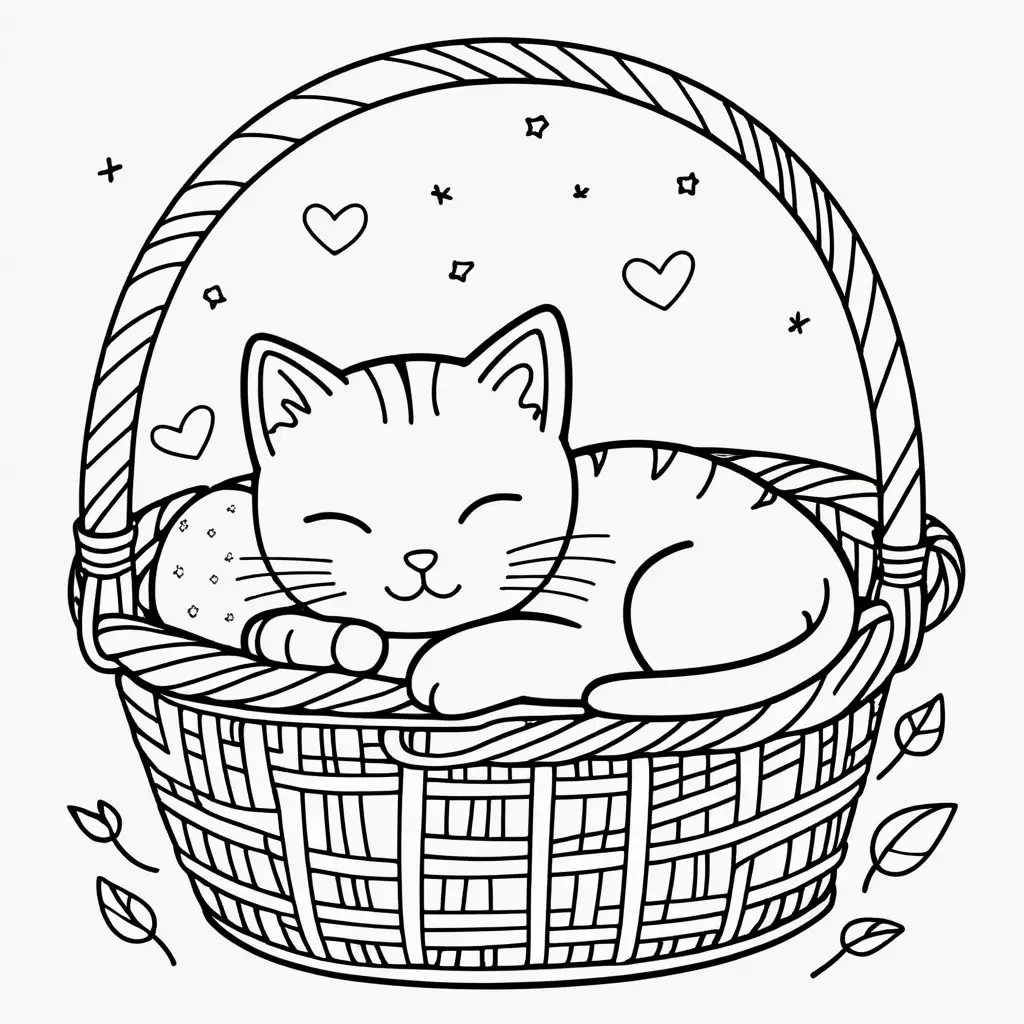 create a very simple coloring page with A kitty sleeping in a cozy basket