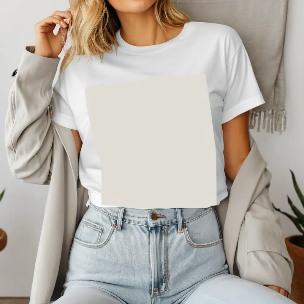 realistic blonde woman sitting wearing bella canvas 3001 white color oversized t-shirt mockup, with gray jacket, simple boho background