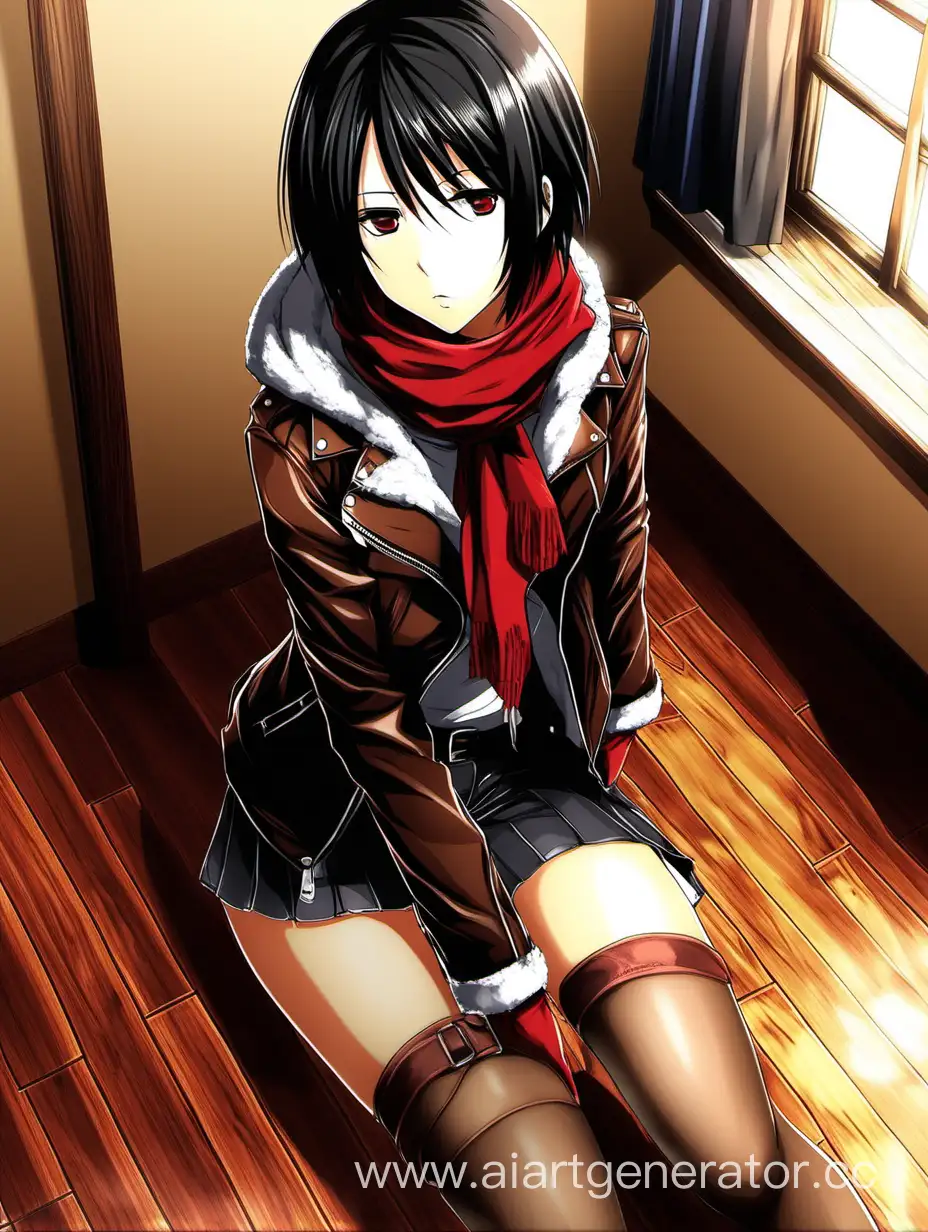 Anime-Girl-Mikasa-in-Leather-Jacket-and-Stockings-Sitting-on-Wooden-Floor-with-Red-Scarf