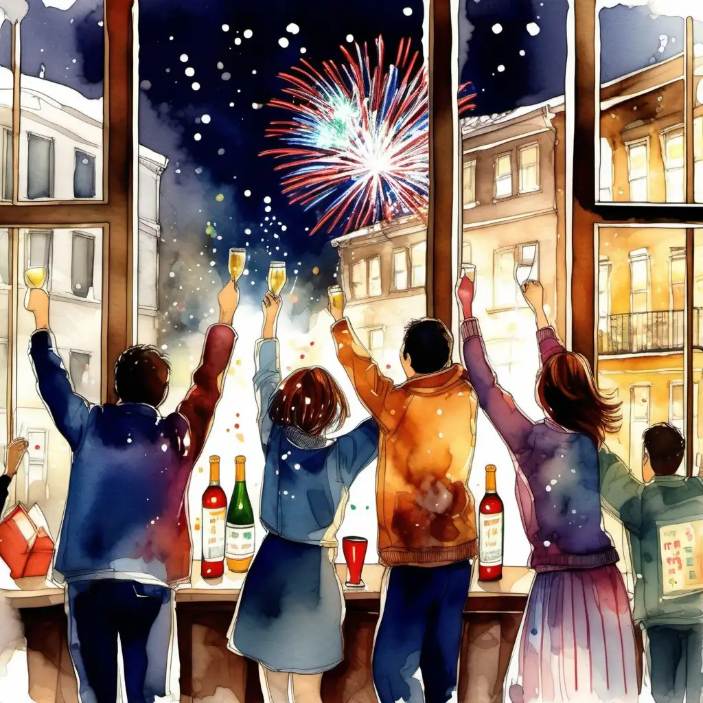 realistická ilustrace_oslavují, radují se, reálné tváře lidé, si připíjejí, přejí, oslava nového roku, Silvestr, ohňostroj za okny, reálná ilustrace akvarel styl_