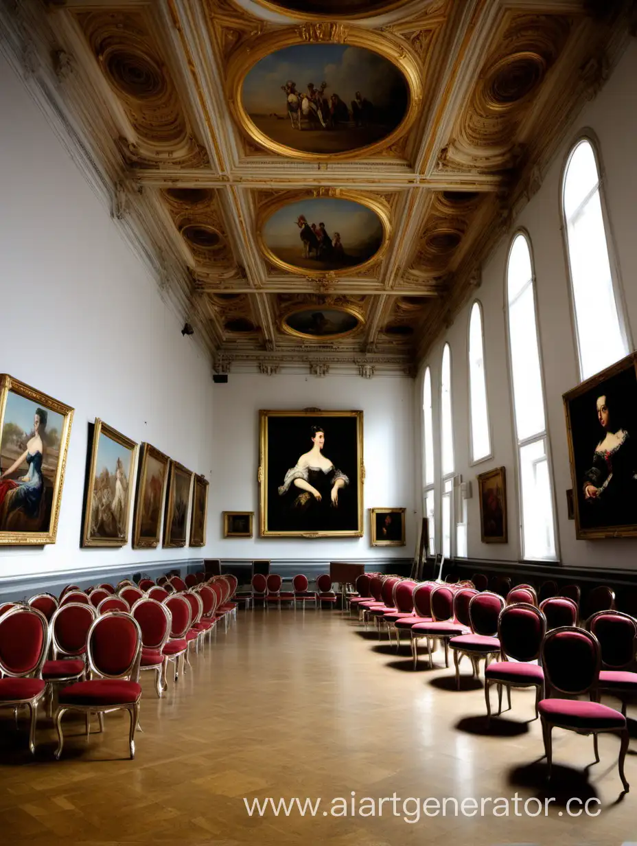 Большой зал где продают одну дорогую картину, стулья без людей, и картину продает аукционист
