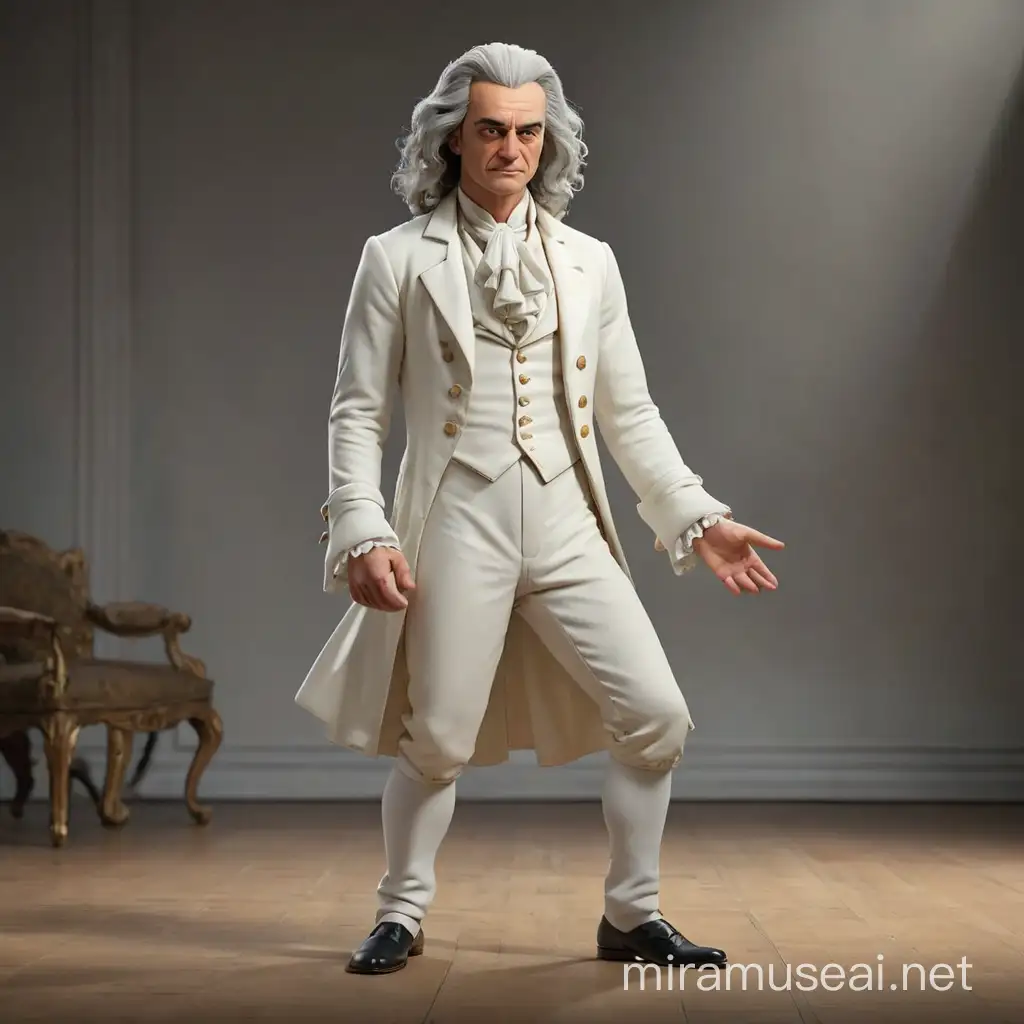 The philosopher Voltaire is very sad, depressed, he is upset. Stands alone on stage, head down. He is dressed in the white suit  of the 18th century, we see him in full growth, with arms and legs. In the style of 3D animation, realism.