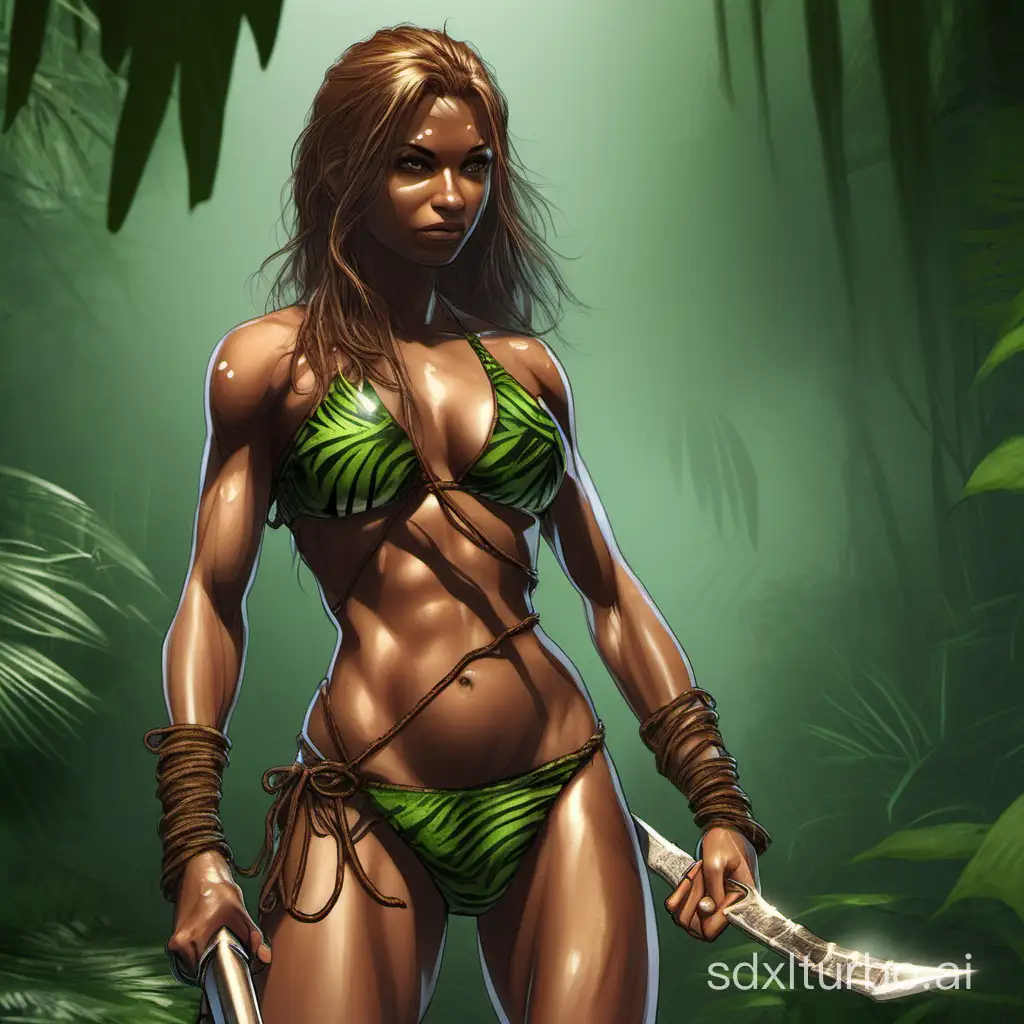 spearfighter jungle girl, tiny string bikini, sweaty

