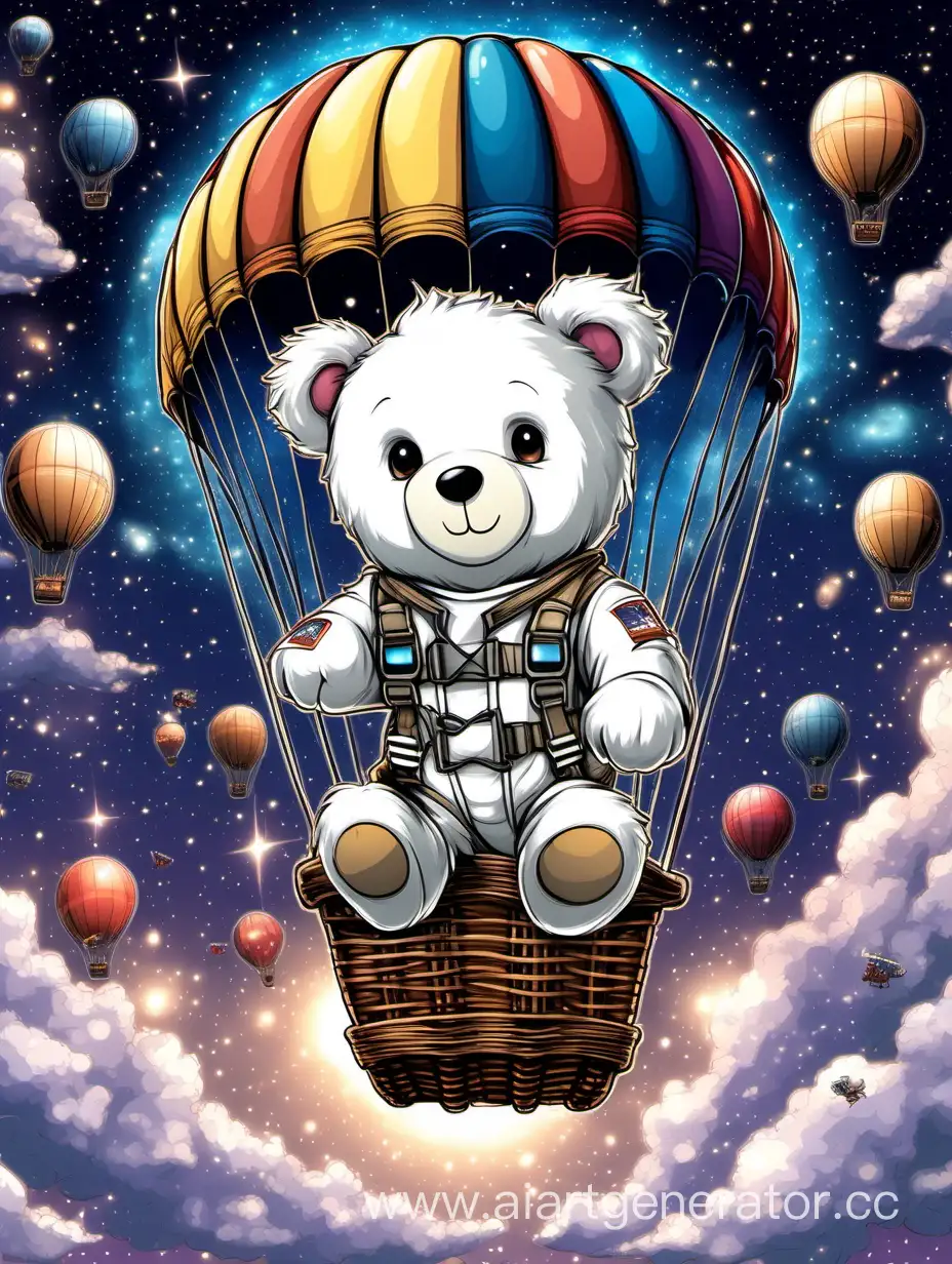 Милый Белый мишка в костюме пилота летит в корзине большого hot air ballon  в галактике, в космосе на фоне млечного пути и других hot air ballon. На воздушном шаре написано слово NASHARU23RU