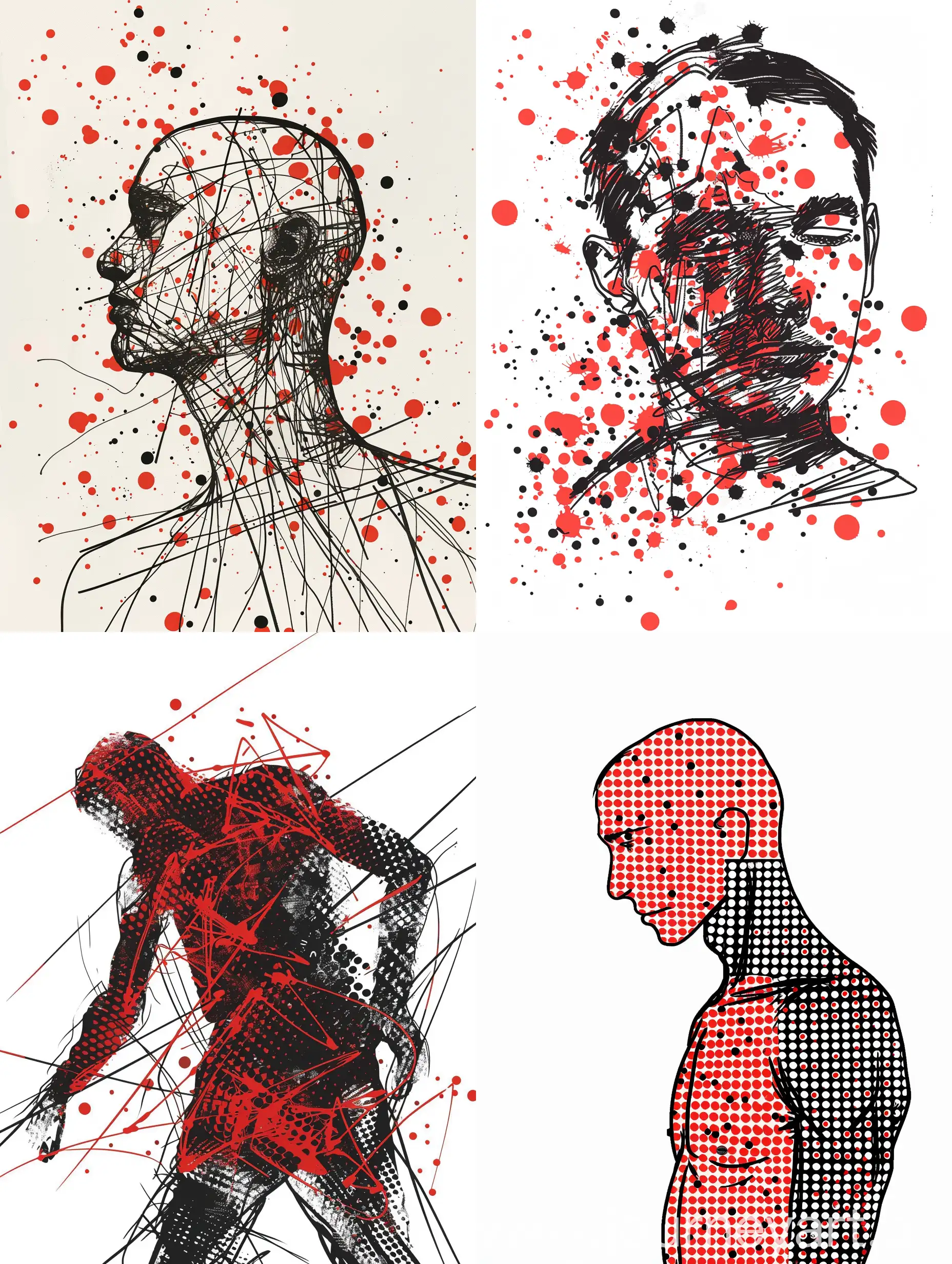 minimalist black line art fuse with trash polka red of man, on a white background

