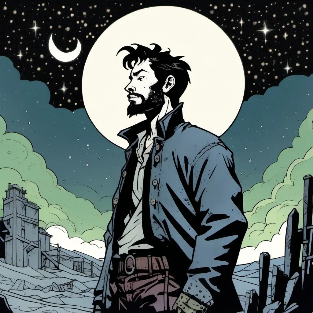 Mysterious Man in Rugged Attire under Starry Night Sky Illustrated in Mike Mignola Style with Vivid Colors