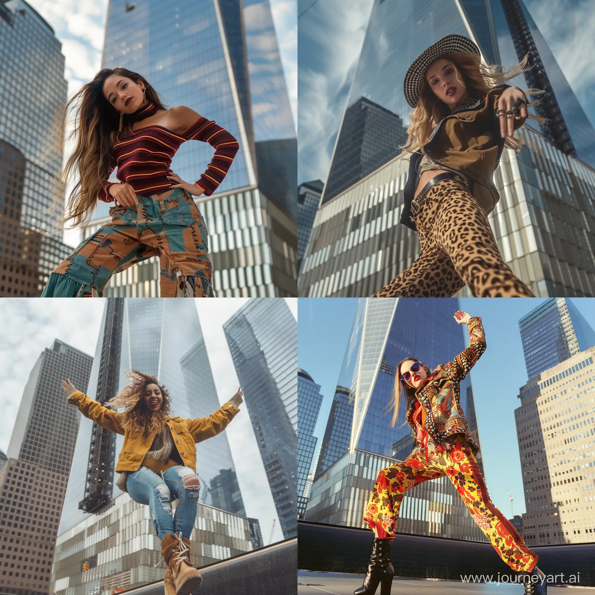 Beautyful girl wearing trendy outfits, pose standing dynamic, in front of wtc building
