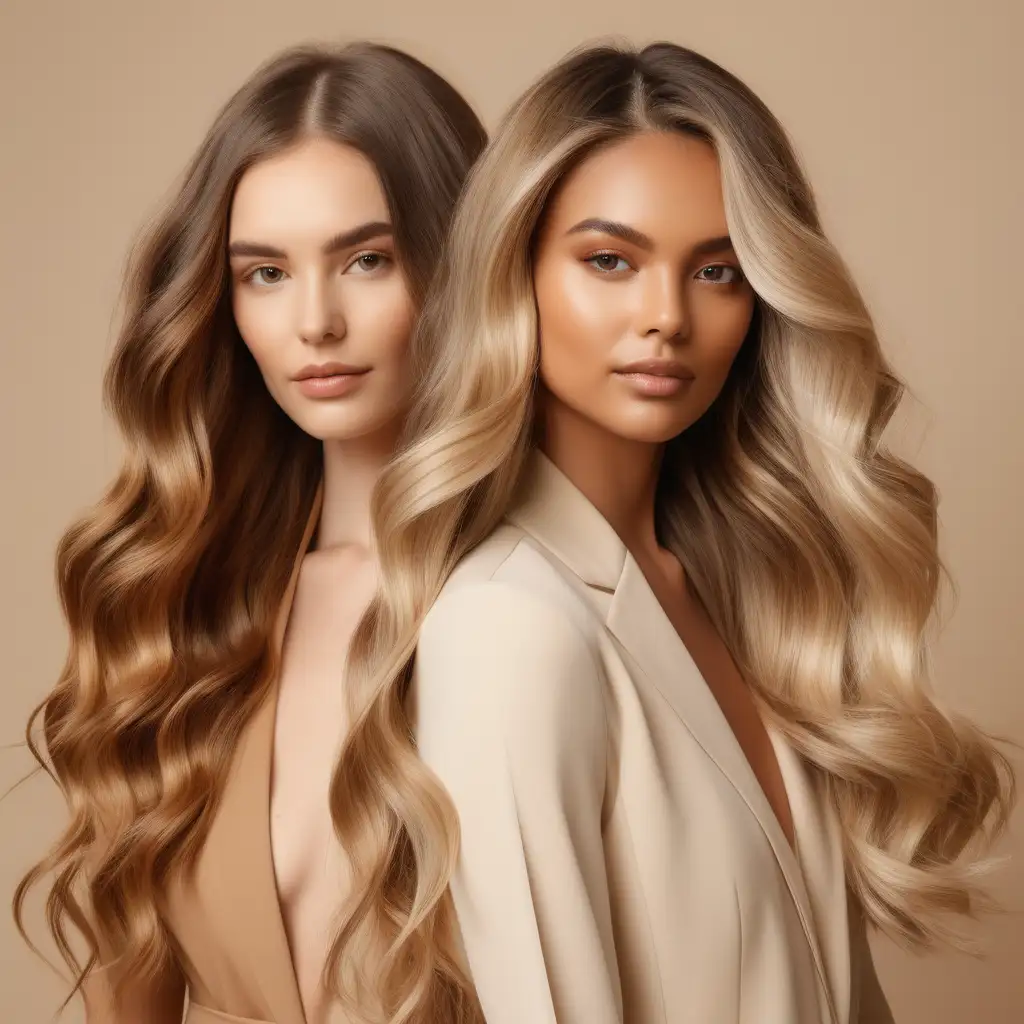 photoshoot with beige background of two hair models, one with dimensional balayage wavy hair 