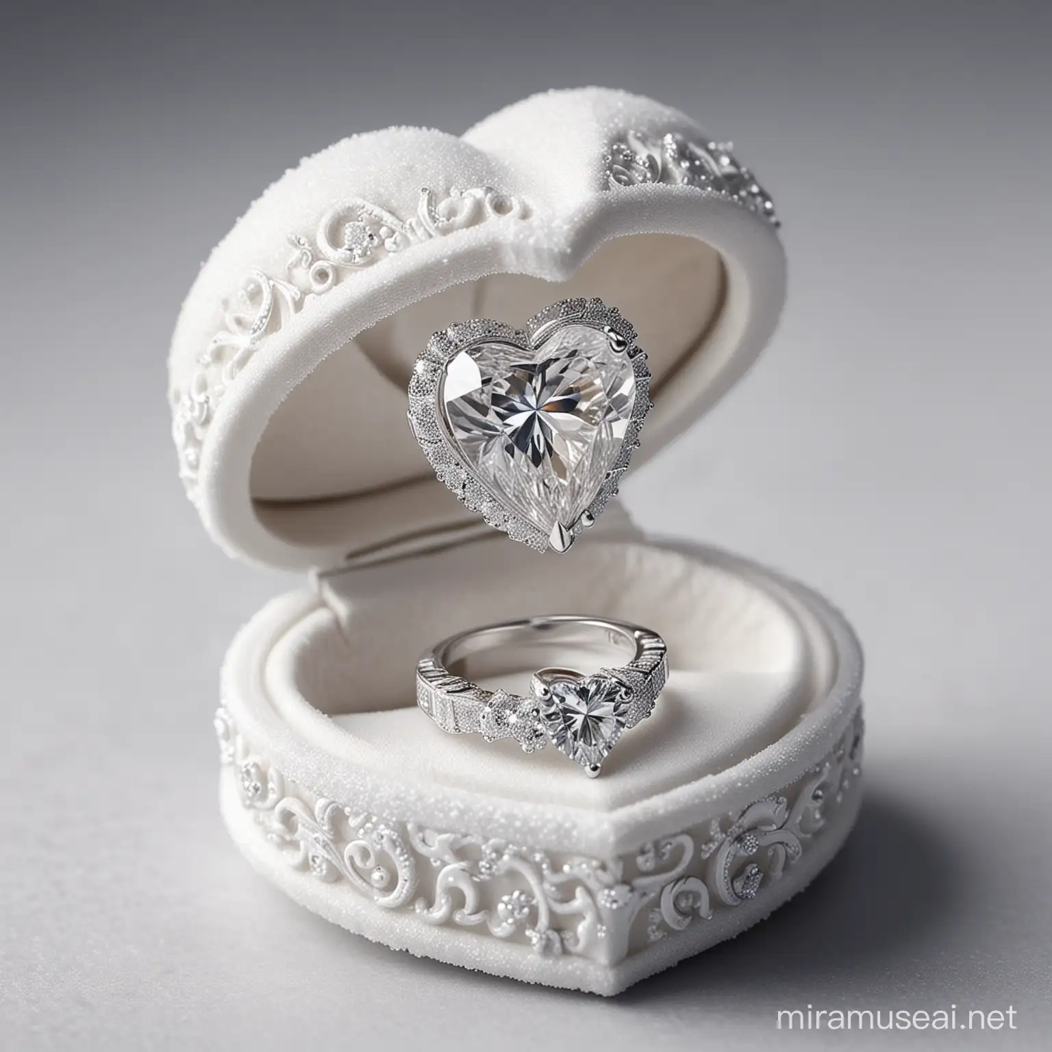 коробочка для кольца в виде ледяного сердца, крышка открыта, красивое обручальное кольцо, большой круглый бриллиант