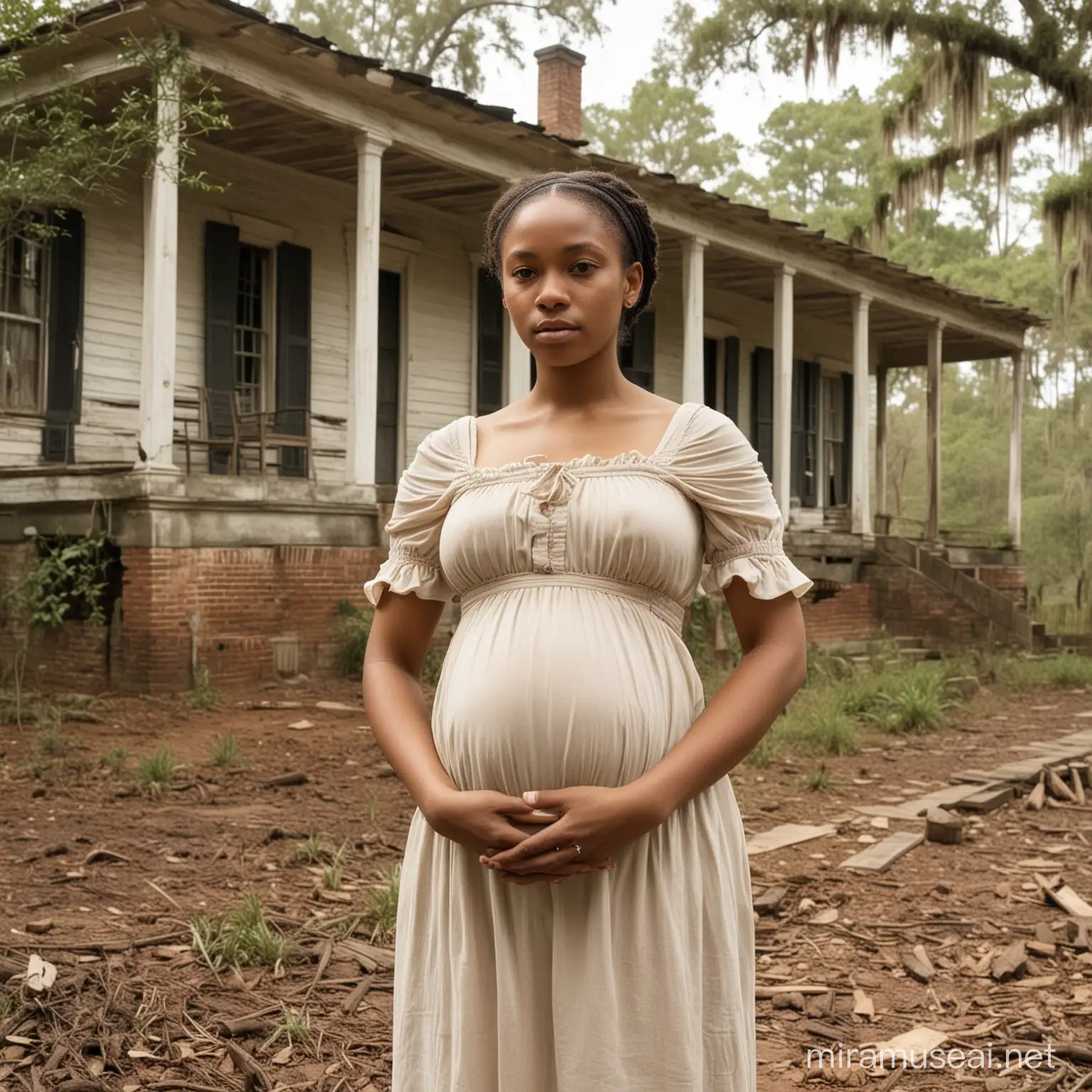 pregnant light skin slave black United States 1800 dirty with plantation house background in Georgia
