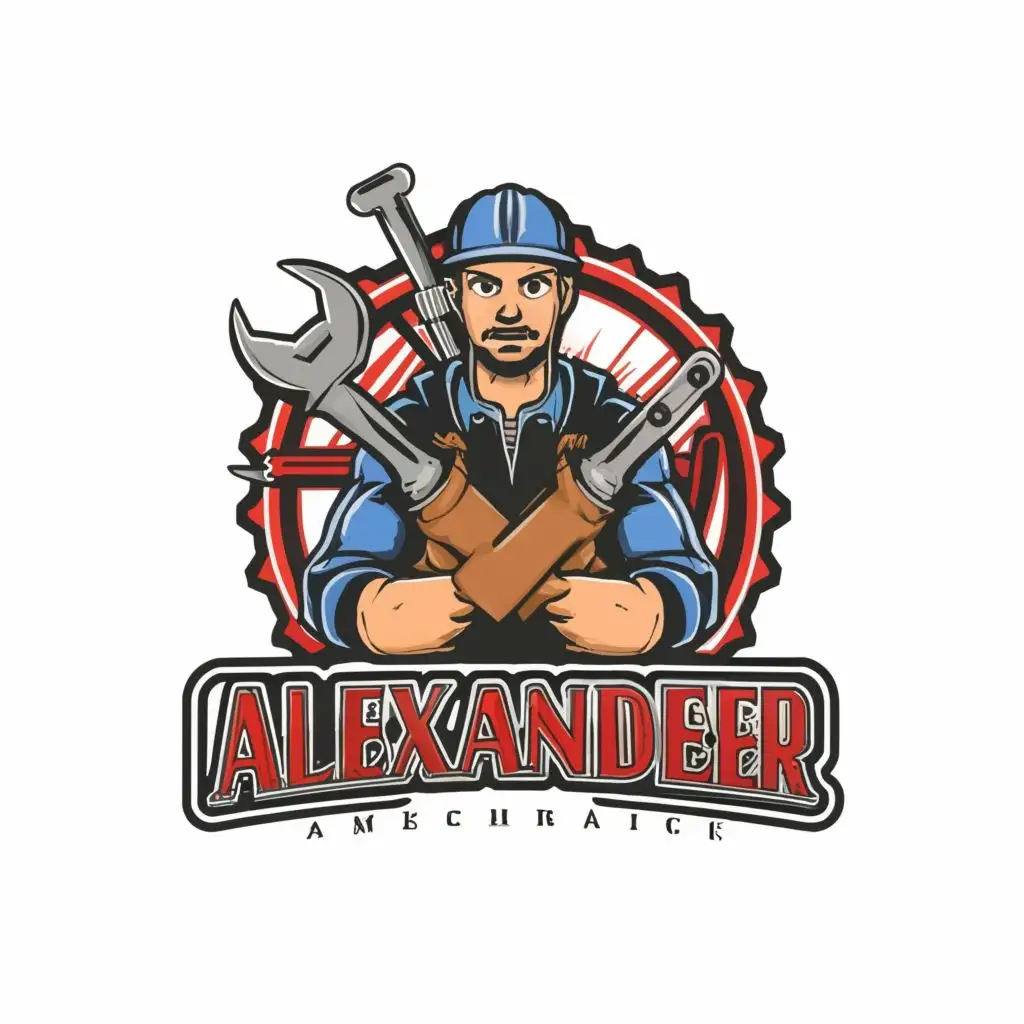 LOGO-Design-For-Alexanders-Auto-Repair-Alexander-the-Mechanic-Holding-a-Tool-with-Bold-Typography