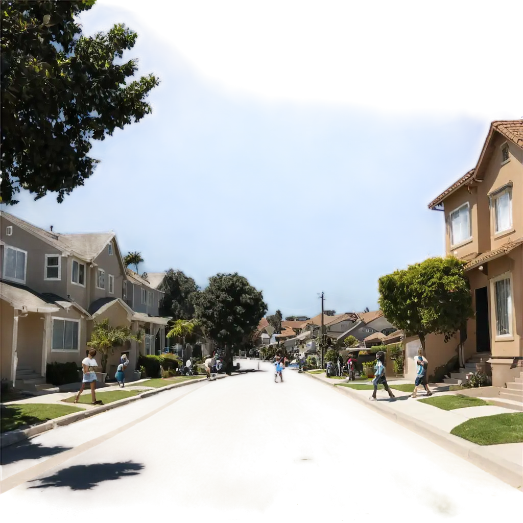 a sunny San Diego neighborhood with kids playing in the street