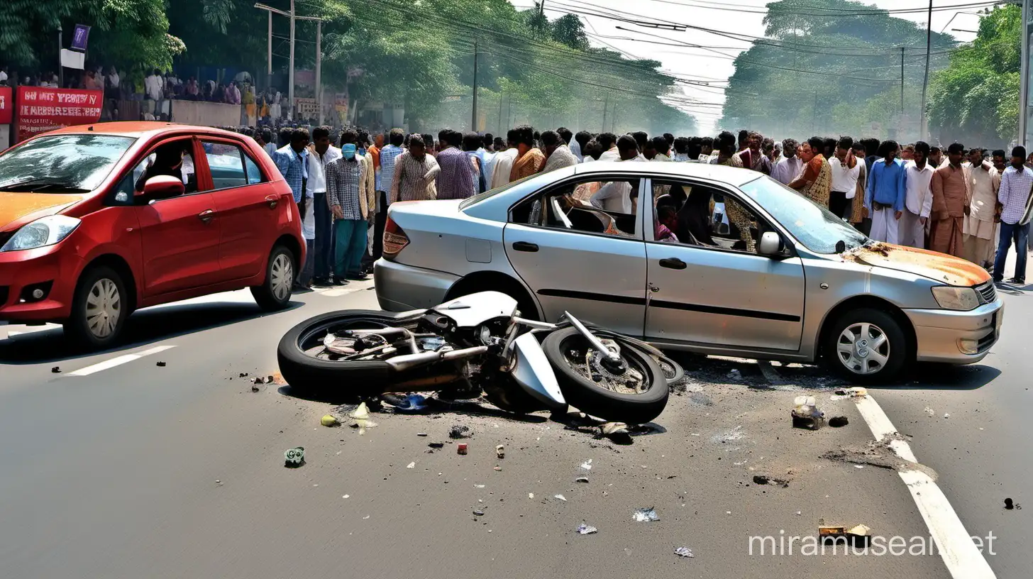 image of a car and motorcycle collision on an Indian road. Show the moment of impact with both vehicles clearly visible, surrounded by onlookers and traffic. Capture the chaos and aftermath of the accident to highlight road safety issues in India