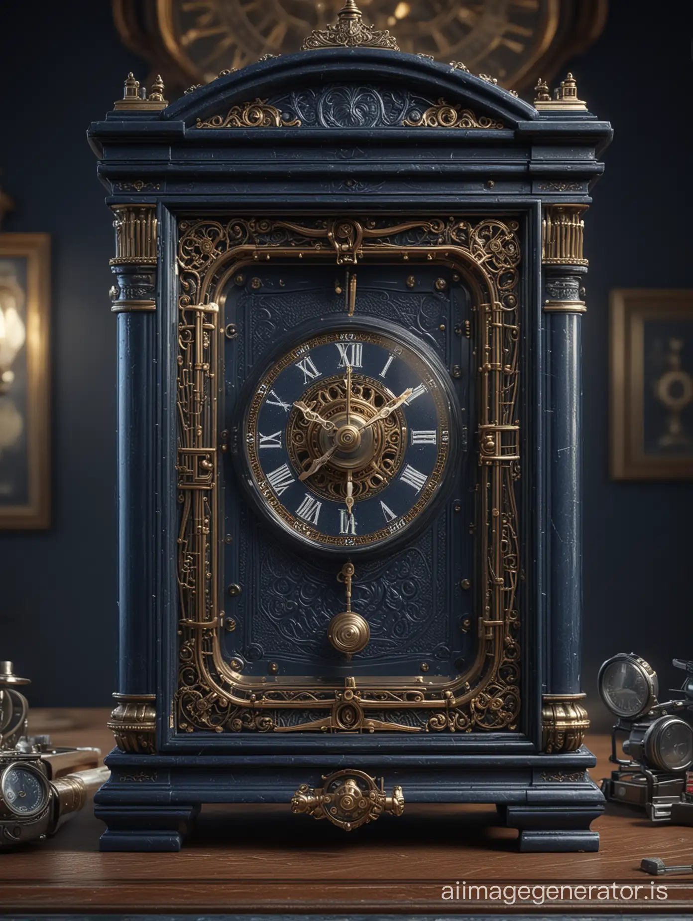 Clockpunk-Frogcore-Interior-Design-Ornate-Frogs-Eye-View-Archviz-Rendering-in-High-Contrast-Navy-Blue