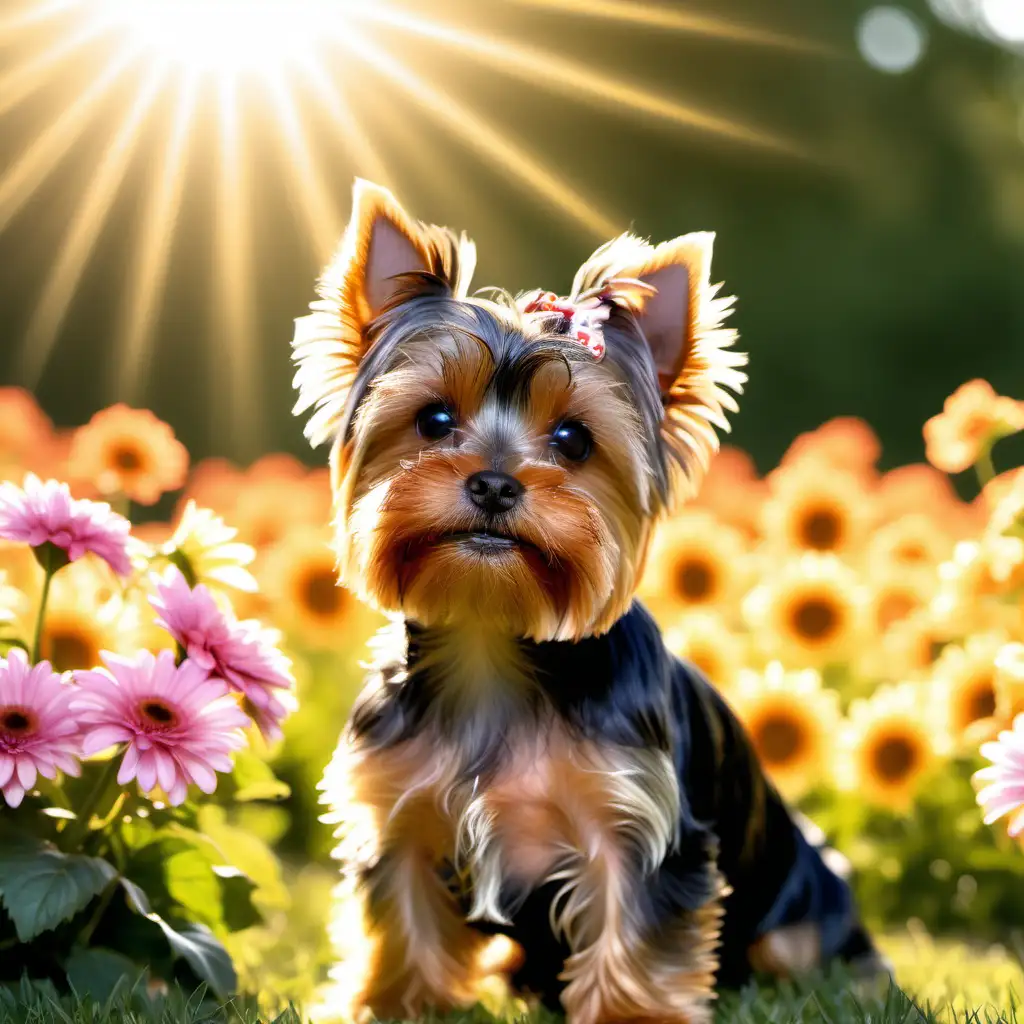 cutesy male yorkie, summer background, flowers, sun rays coming down