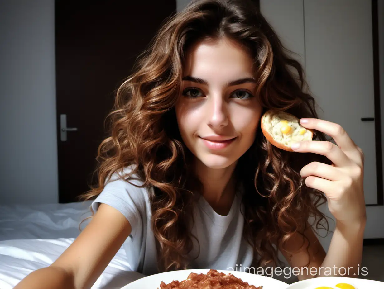 a photo of Michela, an Italian prosperous girl just came back home from college with brown wavy hair, taking a self hot picture after waking up having breakfast