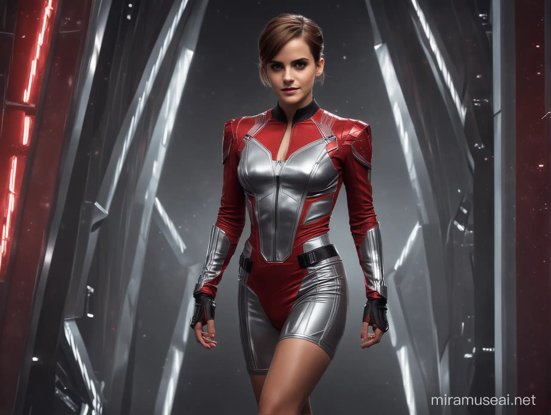 full body view of beautiful, sophisticated Emma Watson wearing very revealing skin-tight futuristic metallic red or silver star trek starfleet uniform with high-tech details and  panels of mesh or cutout panels. subtle smile. Intricately detailed beauty. bold makeup, lipstick, bold eyeliner, eyeshadow. great legs. Short hair. fit athletic muscular body futuristic neon-lit scenario. seductive pose. cleavage. bare legs