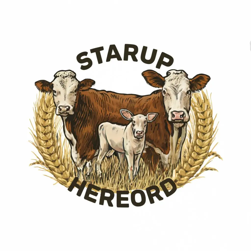 logo, 2 cows a small and a big one and a wheat with 2 wheats, with the text "Staarup Hereford", typography