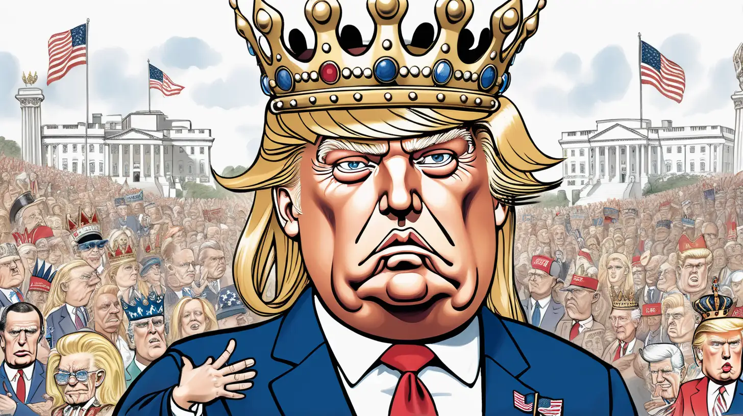 Dressed as an American King, a man in the likeness of Donald Trump is depicted in true Scarfe style wearing a crown—grotesque yet regal. The cartoon serves as a satirical commentary on Trump's future declared leadership style, capturing the essence of political grandeur and public scrutiny.