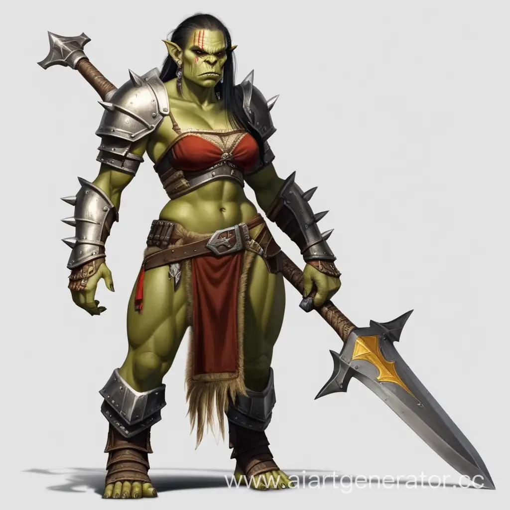 Female orc 12 m tall, perfect build, medium strength, with a large golden sword, in heavy armor