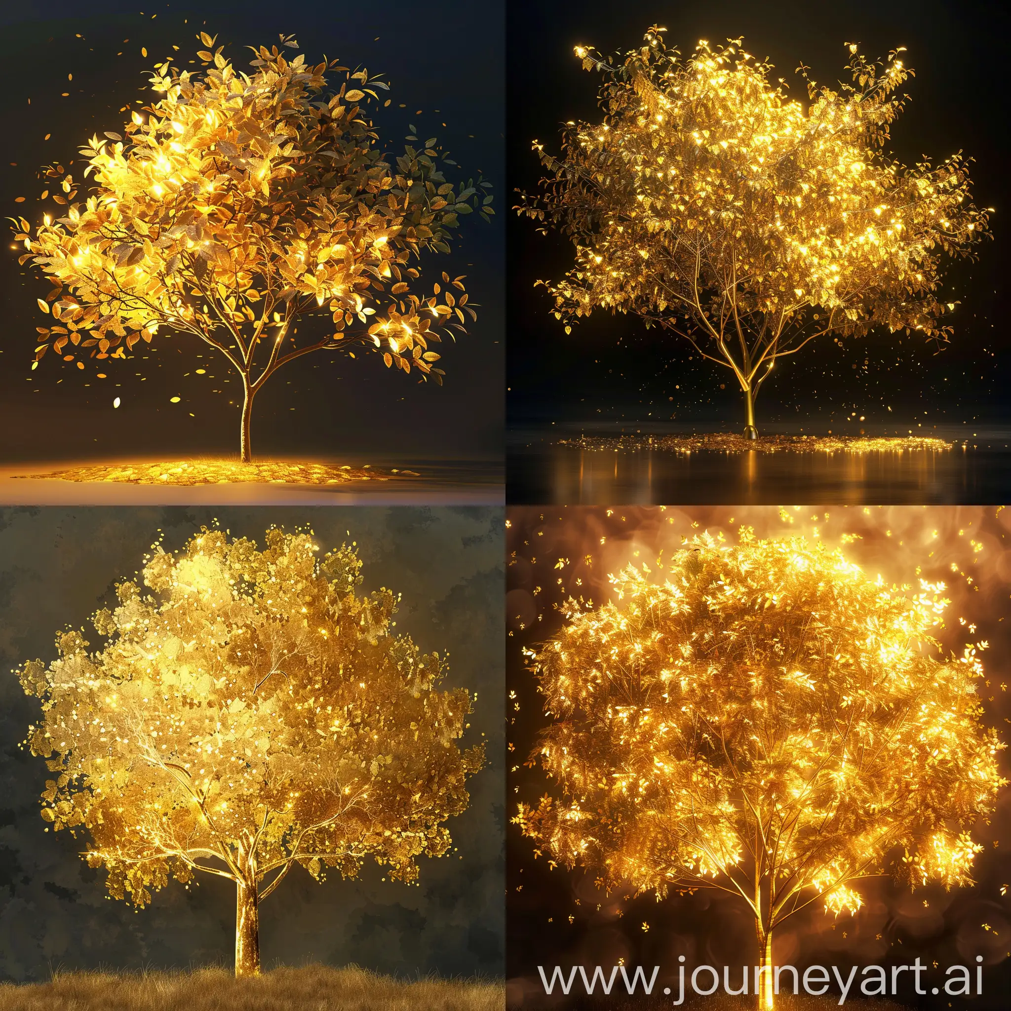 A golden tree, the leaves are all gold, golden light shines on this tree