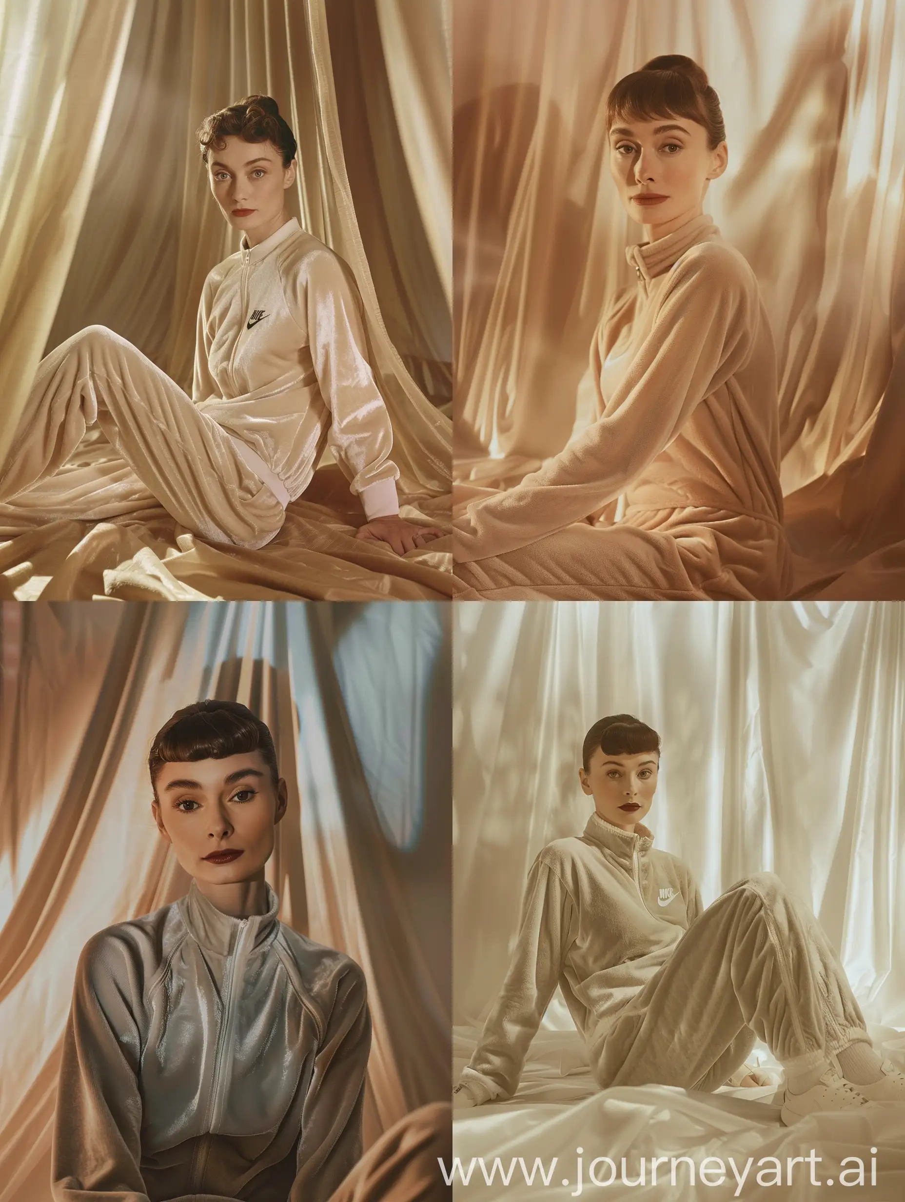 Audrey Hepburn exudes timeless elegance in a tailored Nike track suit, crafted from plush velour fabric, seated within an indoor fashion editorial. Soft, diffused lighting gently illuminates the scene, enhancing the texture of the luxurious fabric and accentuating her poised demeanor. The minimalist studio setting, with clean lines and neutral tones, provides a sophisticated backdrop, perfectly complementing Hepburn's effortless grace. This homage celebrates her enduring legacy as a symbol of sophistication and style.