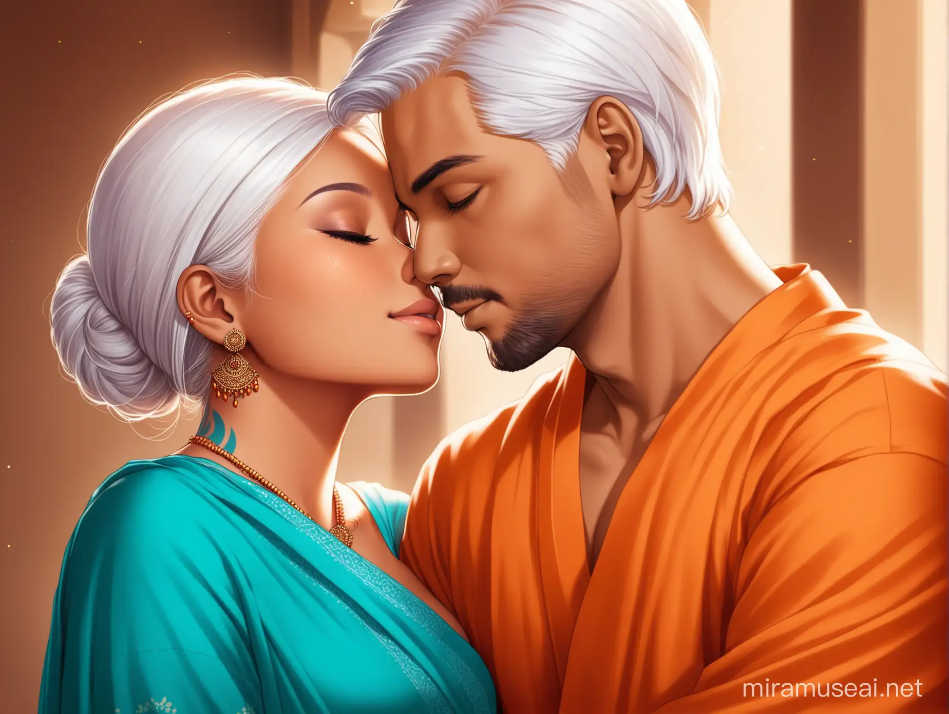 (A couple tenderly embracing and kissing each other; 1 woman, 1 man,) The woman is mature and beautiful, she has: white hair, tanned brown skin, blue arrow tattoos and wears an orange sari. The man is mature and handsome, he has: black short styled hair, light skin and wears a red robe.
