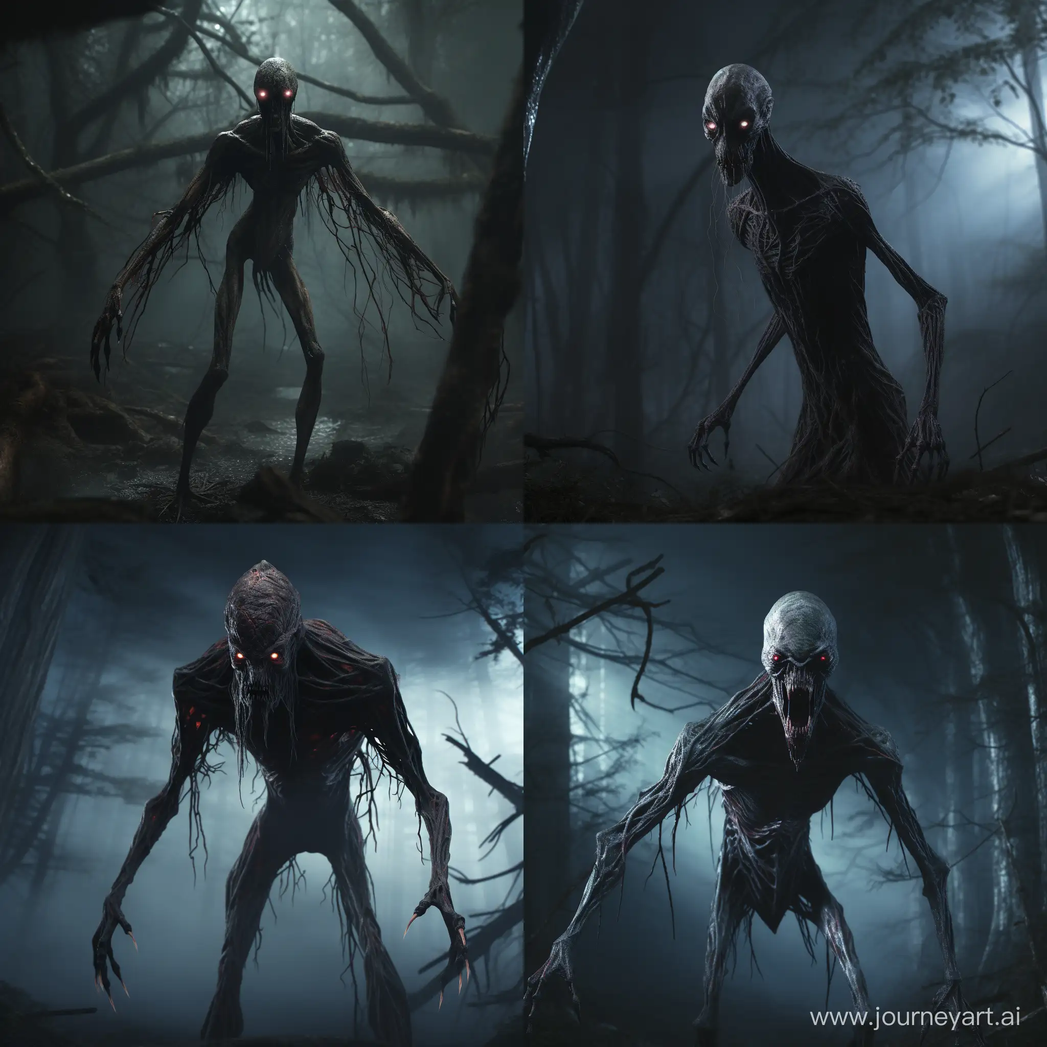 A very scary long ugly thin humanoid creature with long limbs and red eyes in a dark scary forest