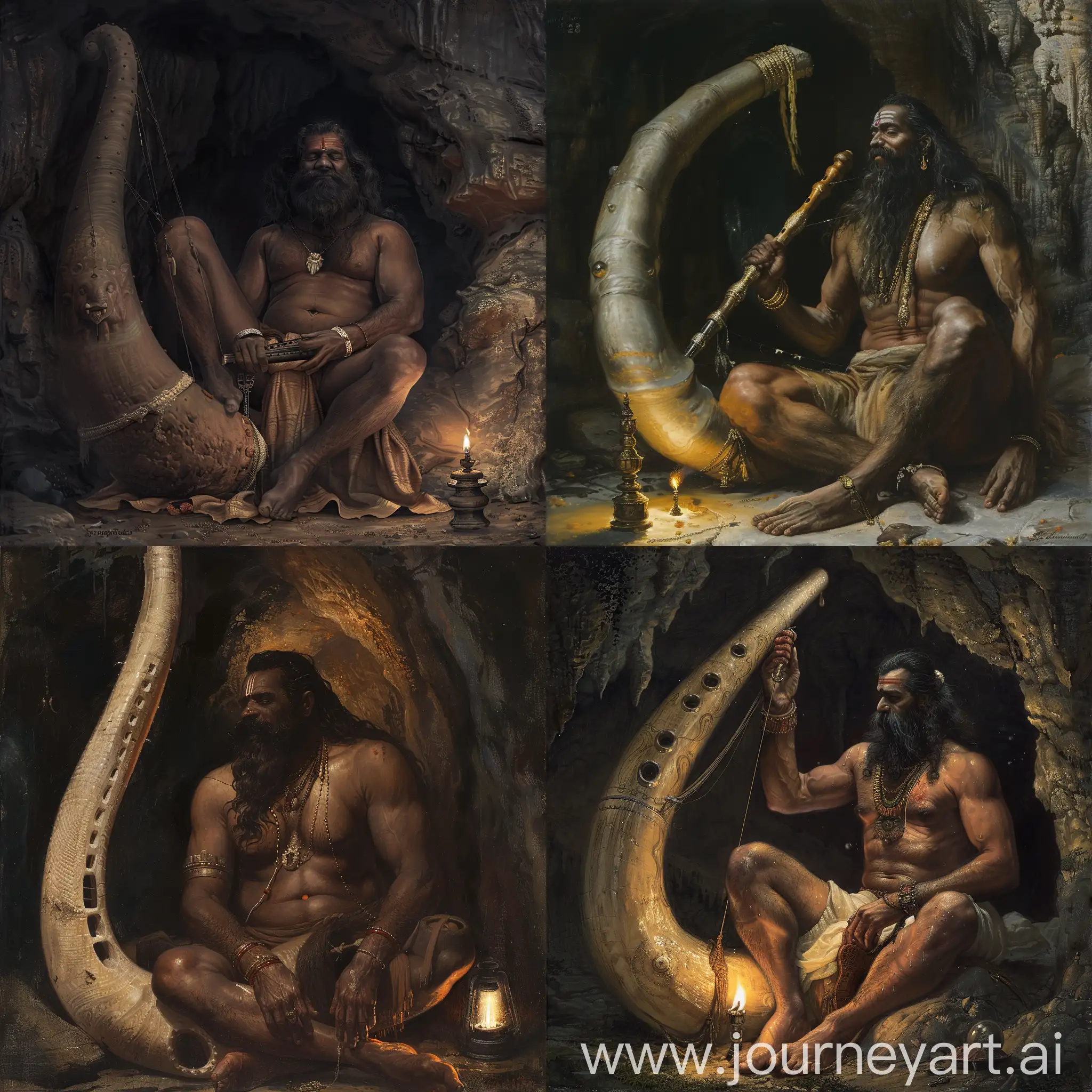 Ancient-South-Indian-Musician-Playing-Elephant-Tusk-Instrument-by-Cave-Temple-at-Night