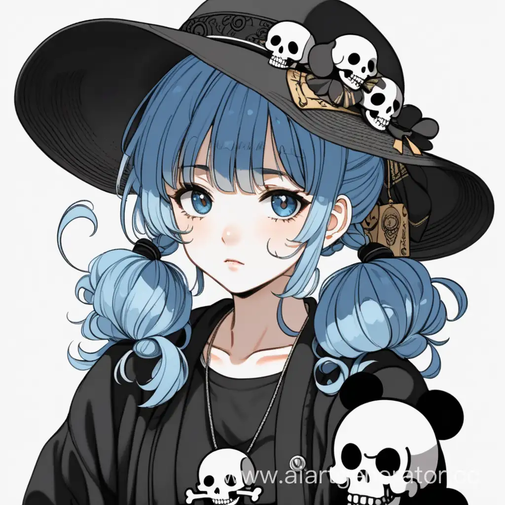 girl 15 years old, lblue hair gathered in a bun, curly bangs on her head, a black wide-brimmed hat, wearing a black Cardigan with a skull pattern on her shoulder, a black rat, anime style