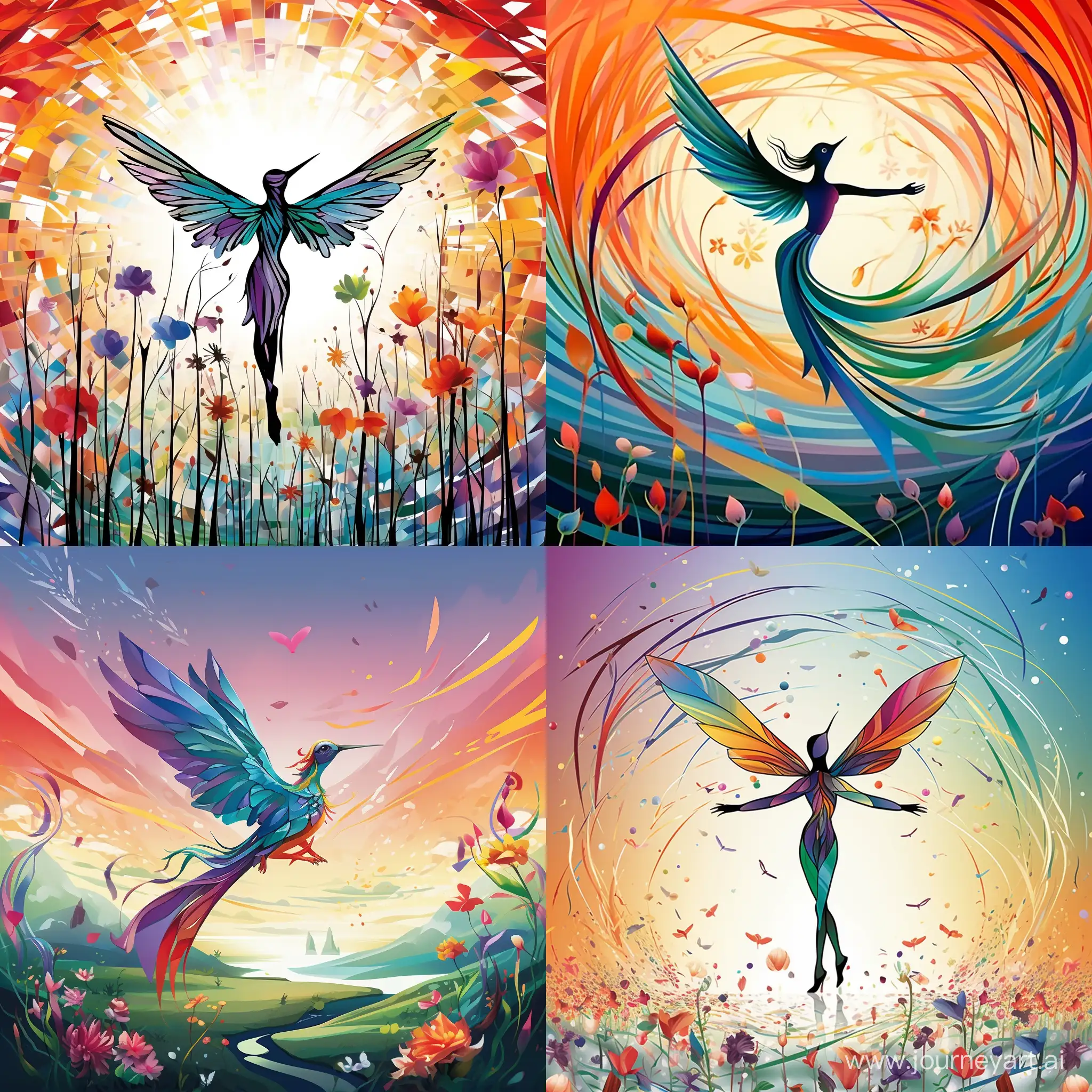 color, Simple image, simple line, with hummingbird, Full body, Full figure, flying pose, blades, kinetic waves that look like cuts, with power of wings as sharp as blades, wings of blades, cutting effect, small compared to the whole image , colorful, meadow background, fantasy style, d