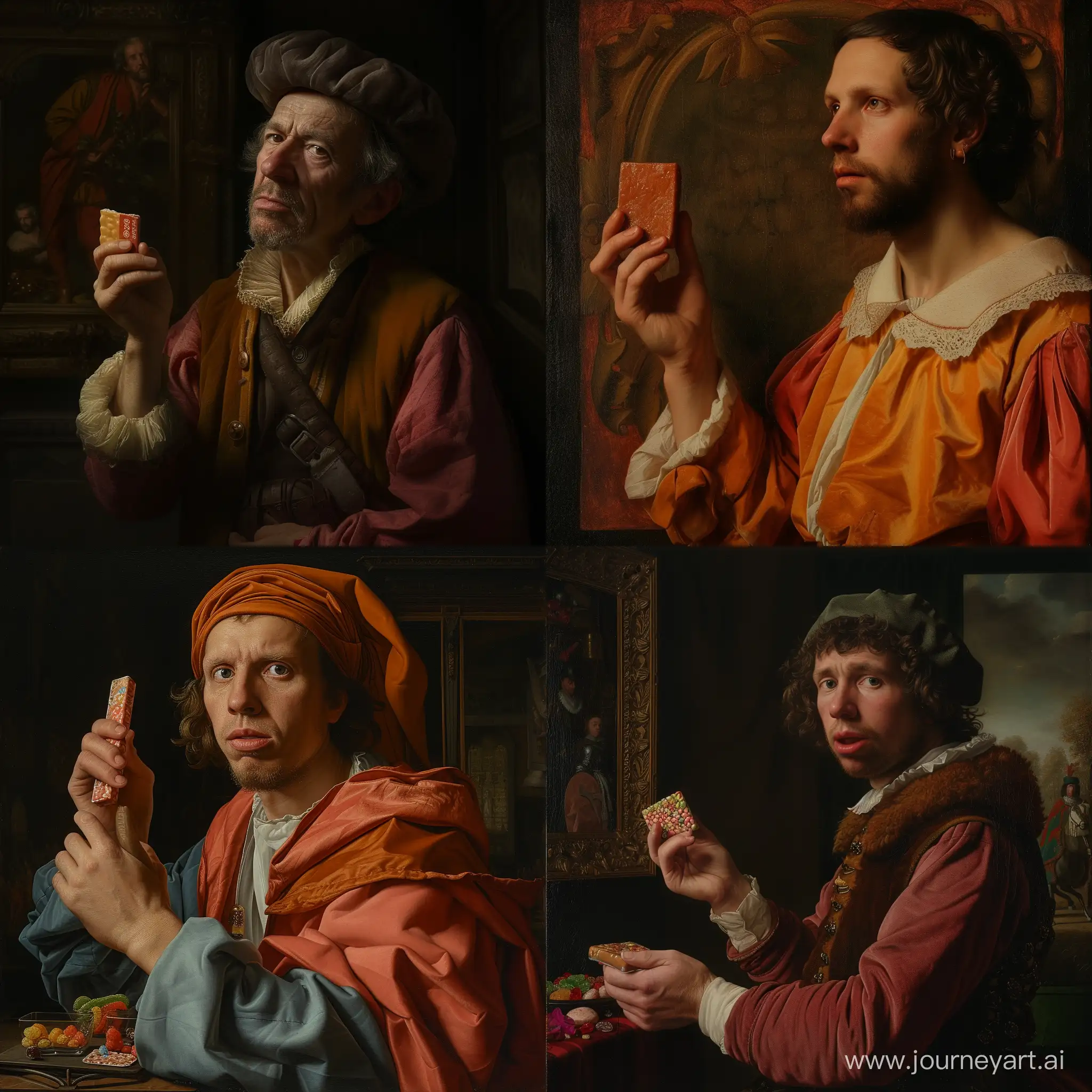 a man holding a candy bar in his hand, a stock photo by Jan Konůpek, polycount, superflat, booru, stockphoto, renaissance painting