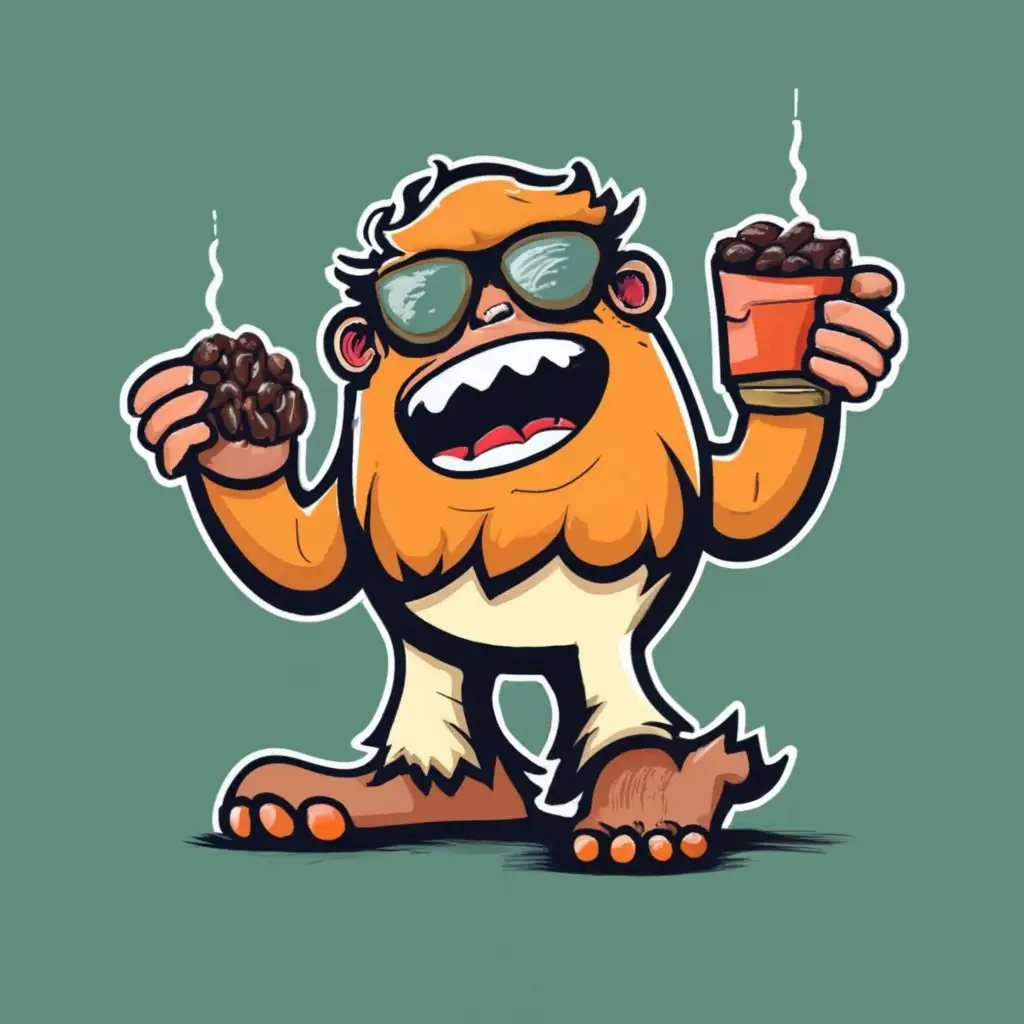 no words, yummy Cool SASQUATCH. HOLDING COFFEE BEANS, orange color, typography, be used in Restaurant industry