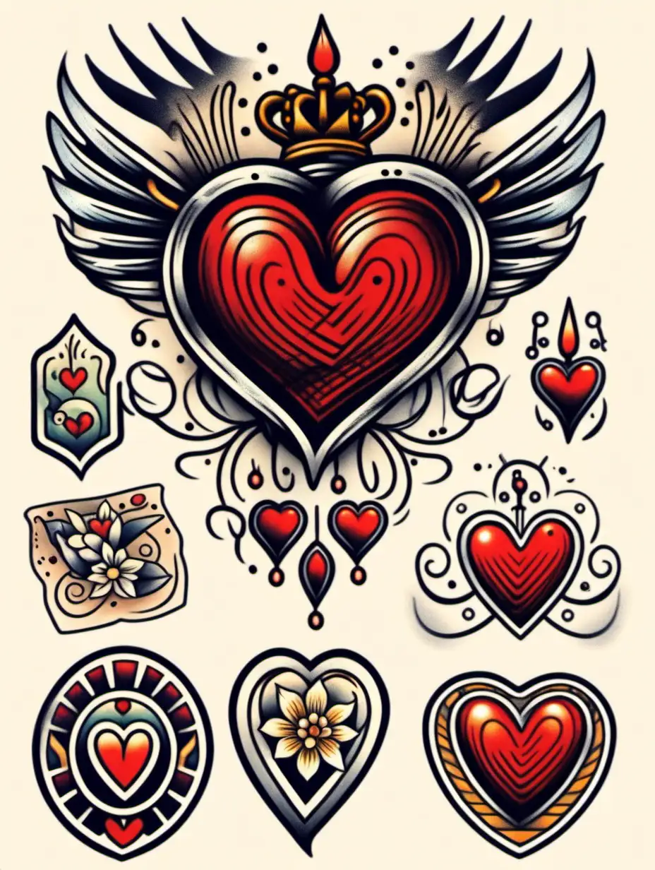 Oldschool Traditional Tattoo Design Sticker Set with Heart Motif