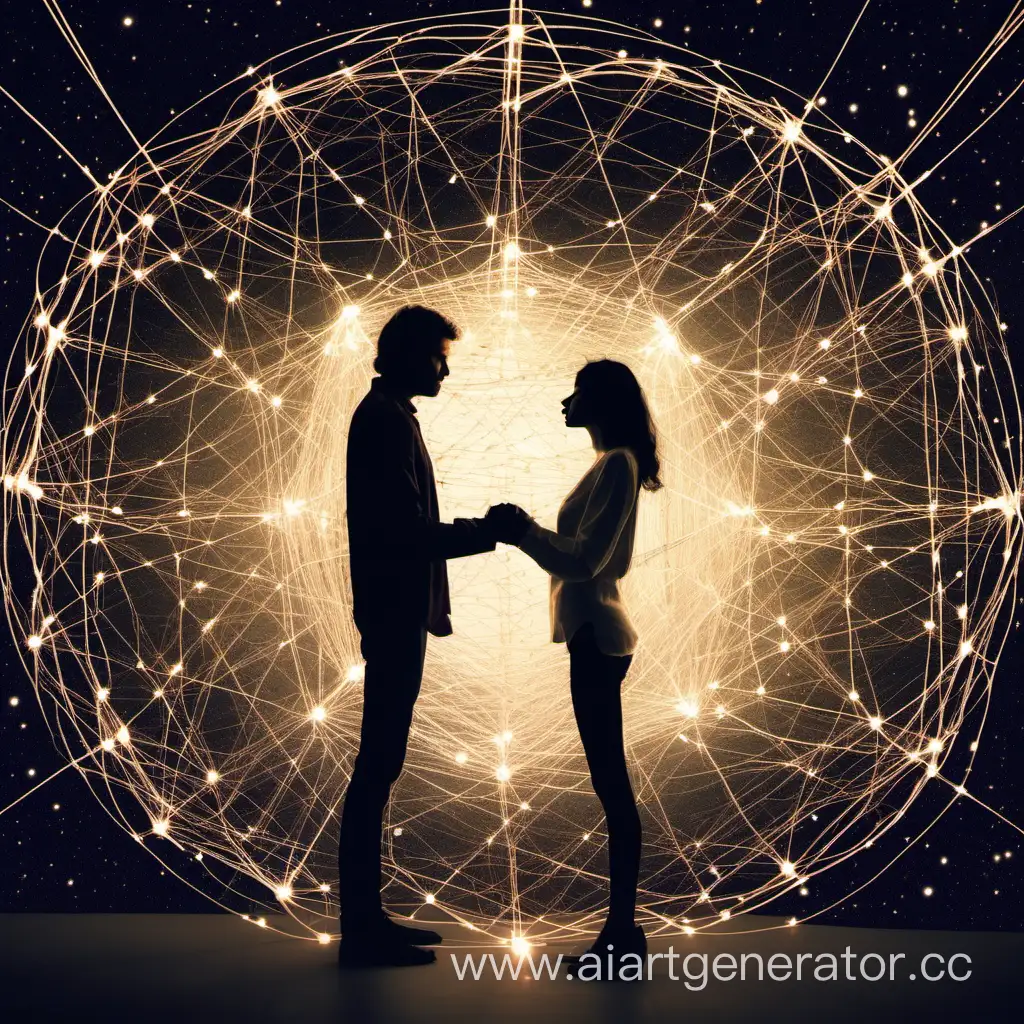       Мужчина и женщина соединены световыми нитями окутаны нитями вселенная