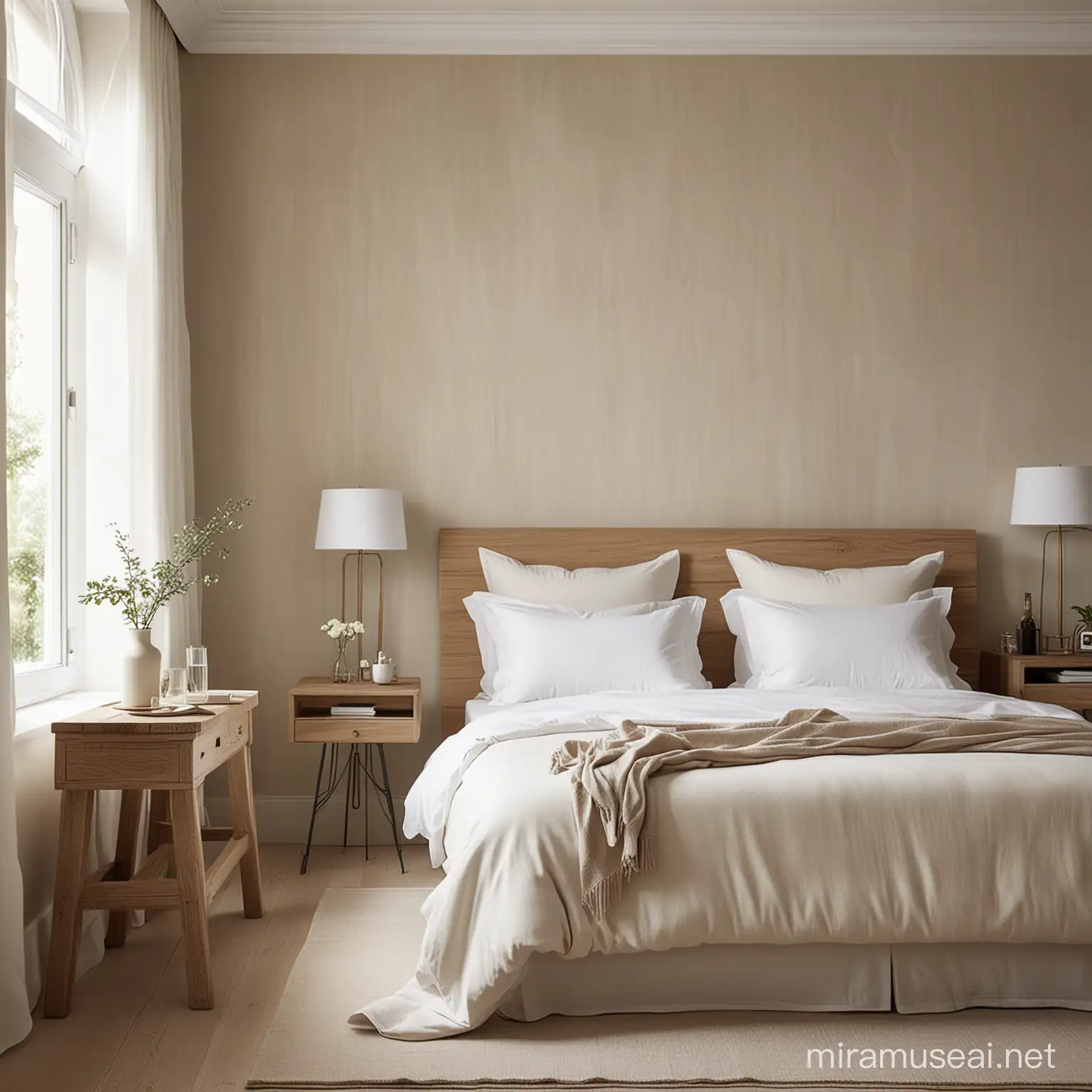 Imagine a hyperrealistic classic contemporary hotel-style organic Minimalist beauty boutique; walls in ivory limewash; WHITE BEDDING, WOODEN SIDE TABLE CLASS, ELEGANT, simplicity; 