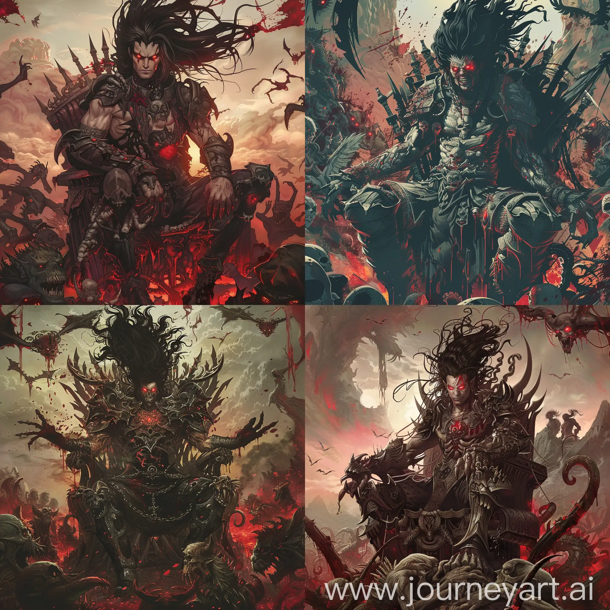 evil god with black hair, glowing red eyes and intricate armor, sitting on a throne of bones while surrounded by an army of demons, bloody landscape