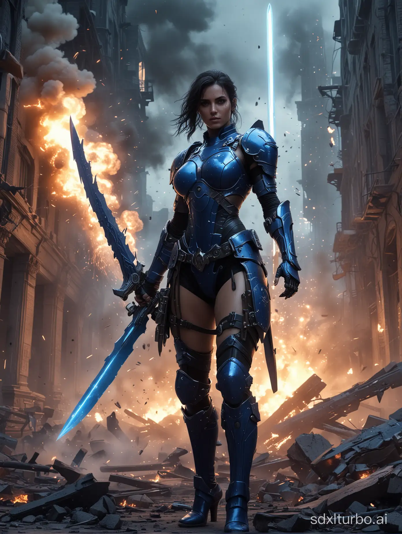 Realistic style, view from below, futuristic beautiful woman with deadly blue armor, futuristic weapons, holding deadly big sword, explosions light up the night, smoke, sparks, destroyed buildings, rubble, debris, style of Gerald Brom and Dan Abnet, high details,  16k, unreal engine5