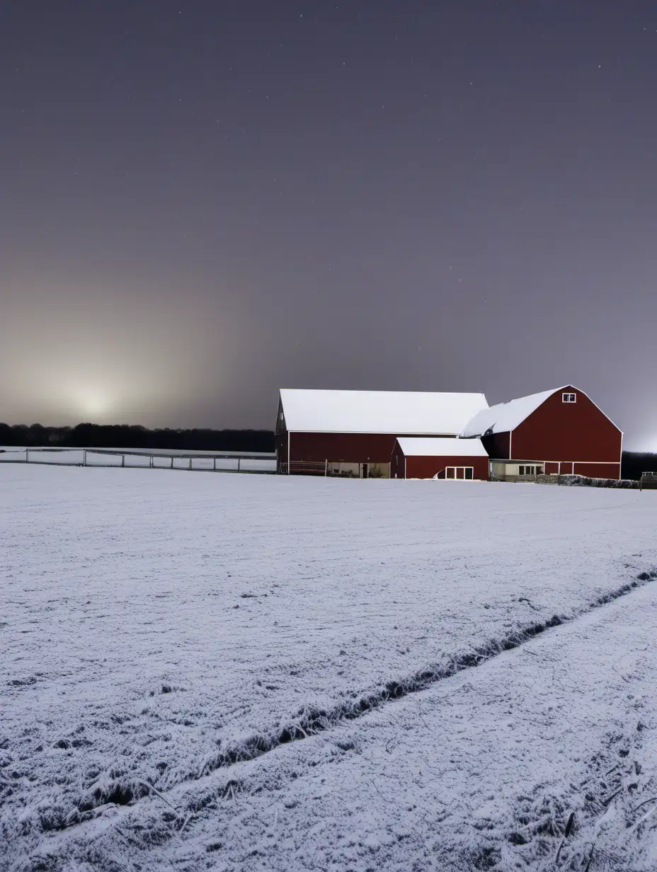 Charming Late November Farm Scene with Gentle Snowfall at Dusk