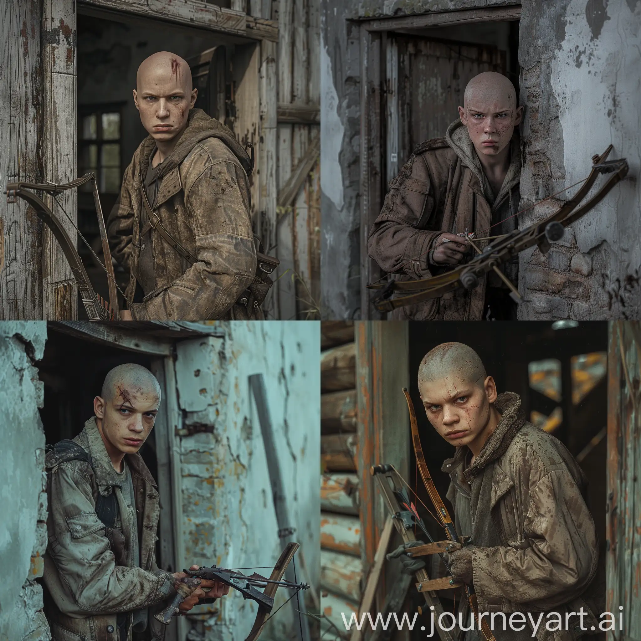 bald man, old jacket, young face, serious look, serious, frightened, crossbow in hand, standing in the doorway of an old abandoned village house, camera focus on man, time of day, hyper-realism, 8K image quality, ultra detail 