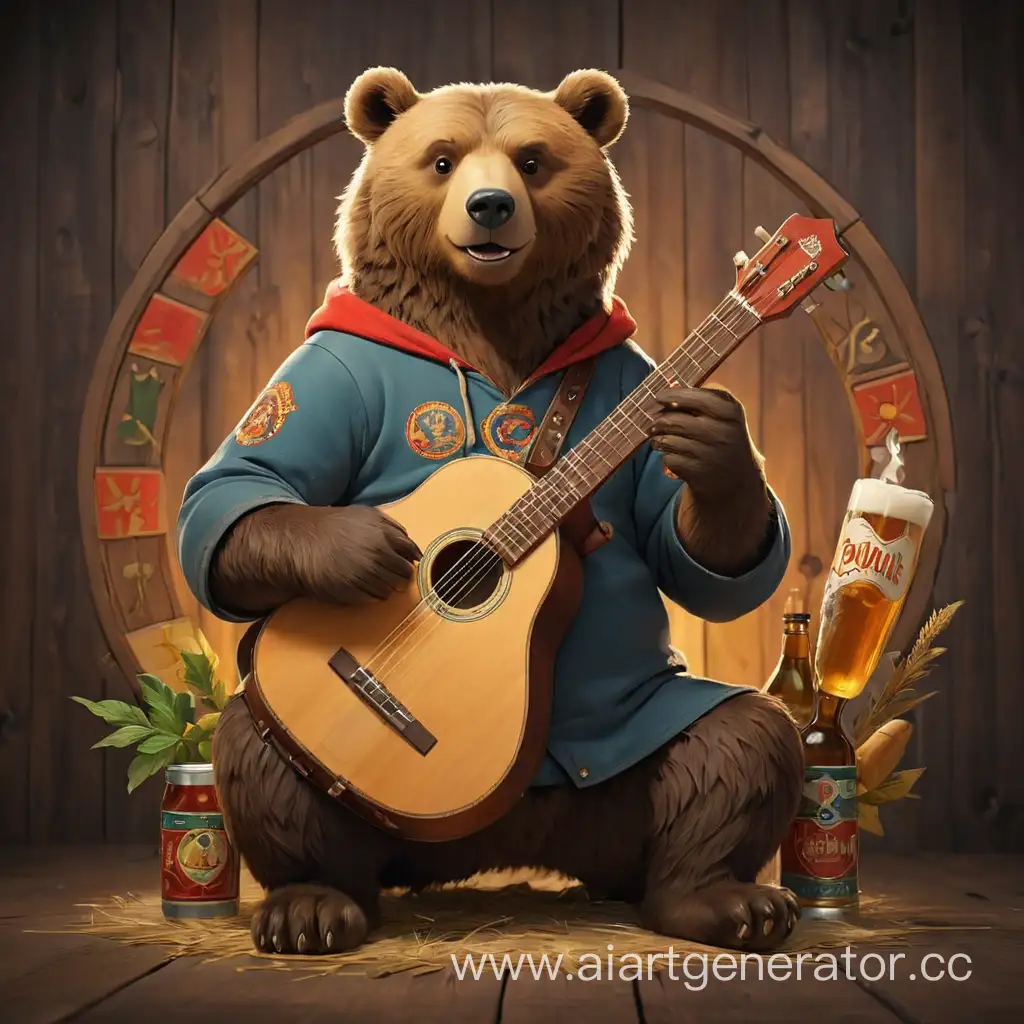 медведь, человек, пиво, балалайка, современная деревня, логотип