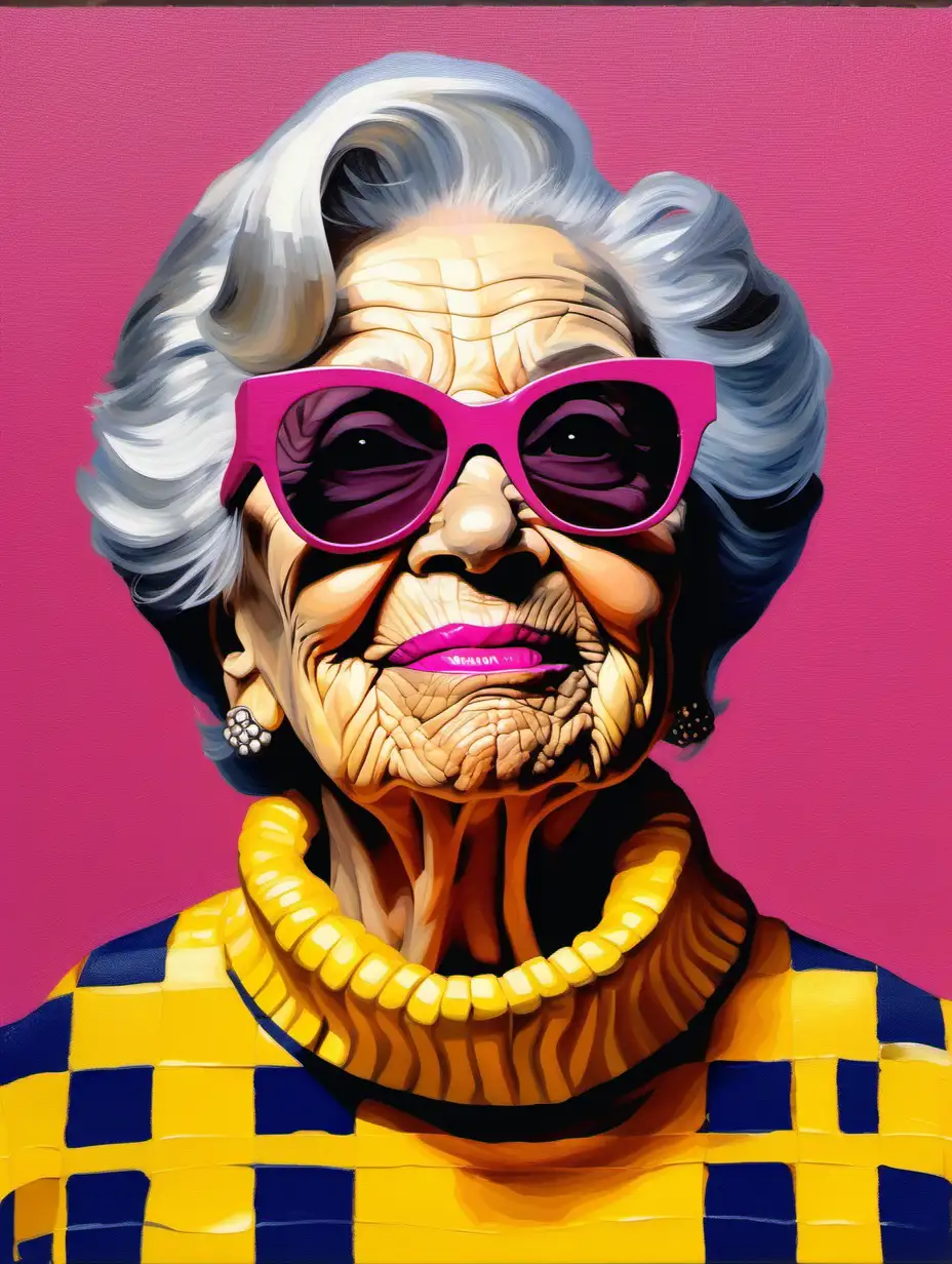 Oil Painting, abstract, portrait of old lady wearing a University of Michigan block M sweater, sunglasses and hot pink lipstick, maize and blue color palette