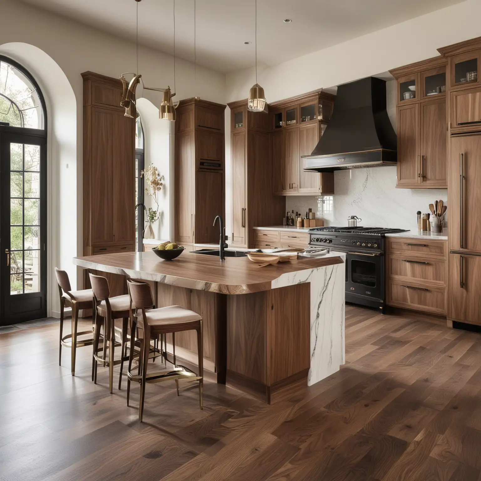 a French chateau estate home modern organic kitchen in a colour palette of walnut wood, beige black, brass 