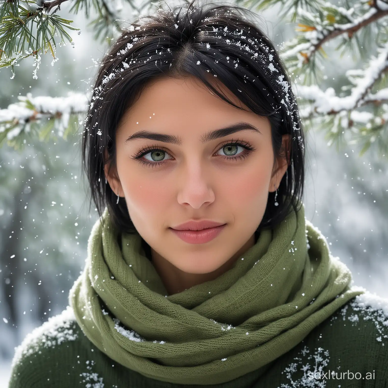 Young-Woman-Seeking-Refuge-Under-SnowCovered-Tree
