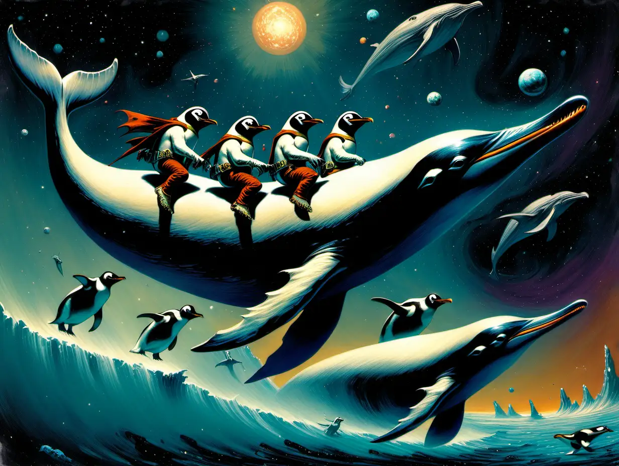 penguins riding on the backs of whales in space frank frazetta style