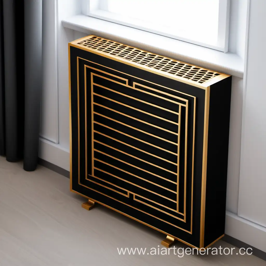protective box grate for heating radiator made of MDF in the room along the window, black and gold colors