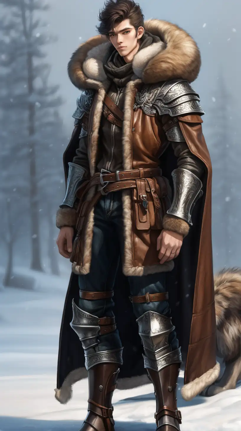 jeune homme grand, mince, armure de cuir, veste avec capuche de fourrure, bottes de fourrure
