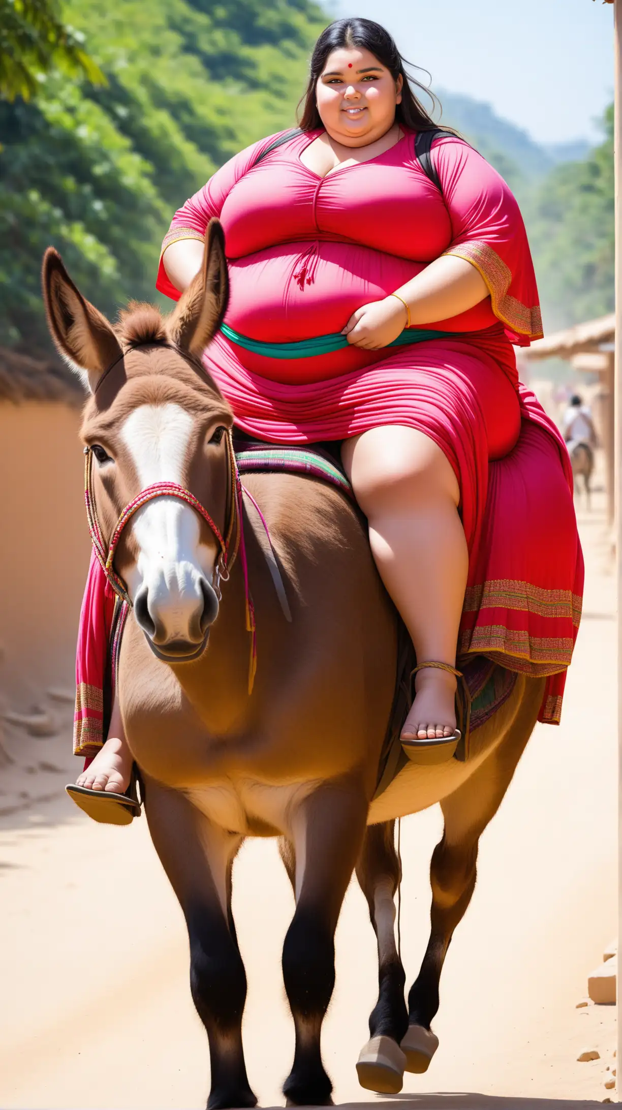 a very fatty woman on donkey